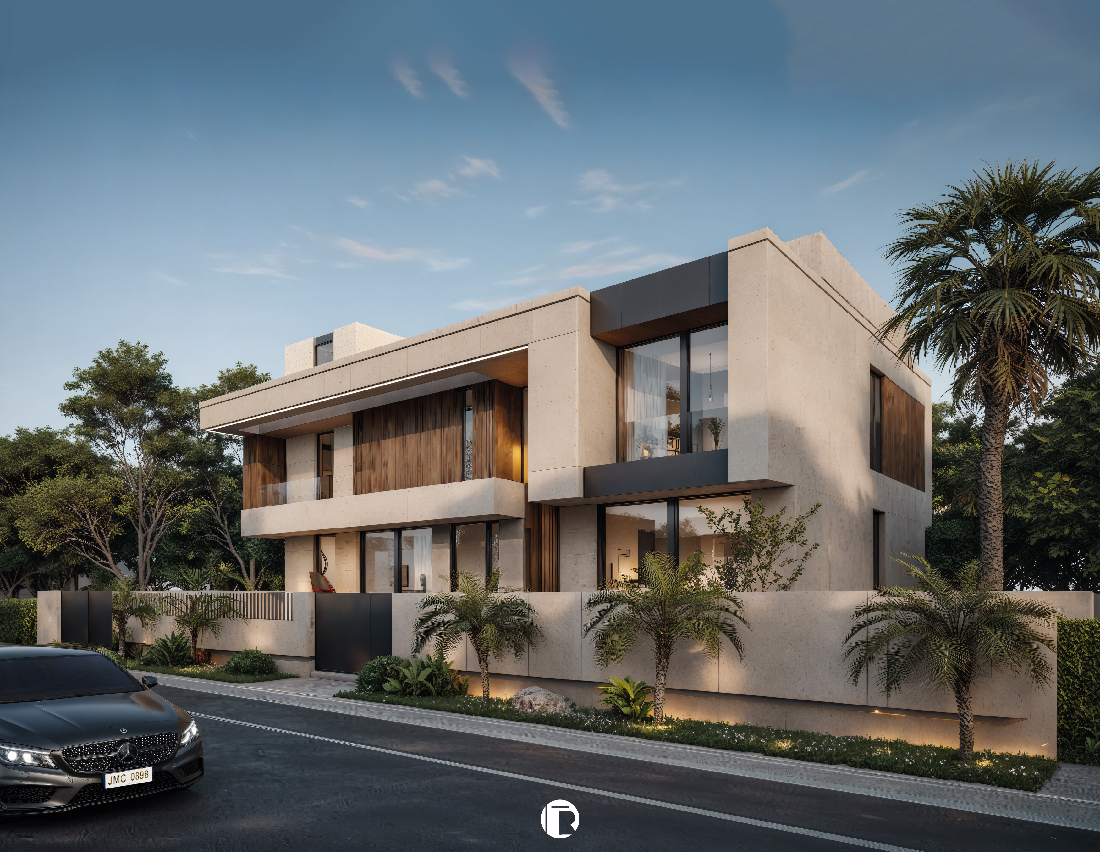 Villa Marrakech Palmiers Targa façade latérale en pierre et bardage bois vertical au crépuscule