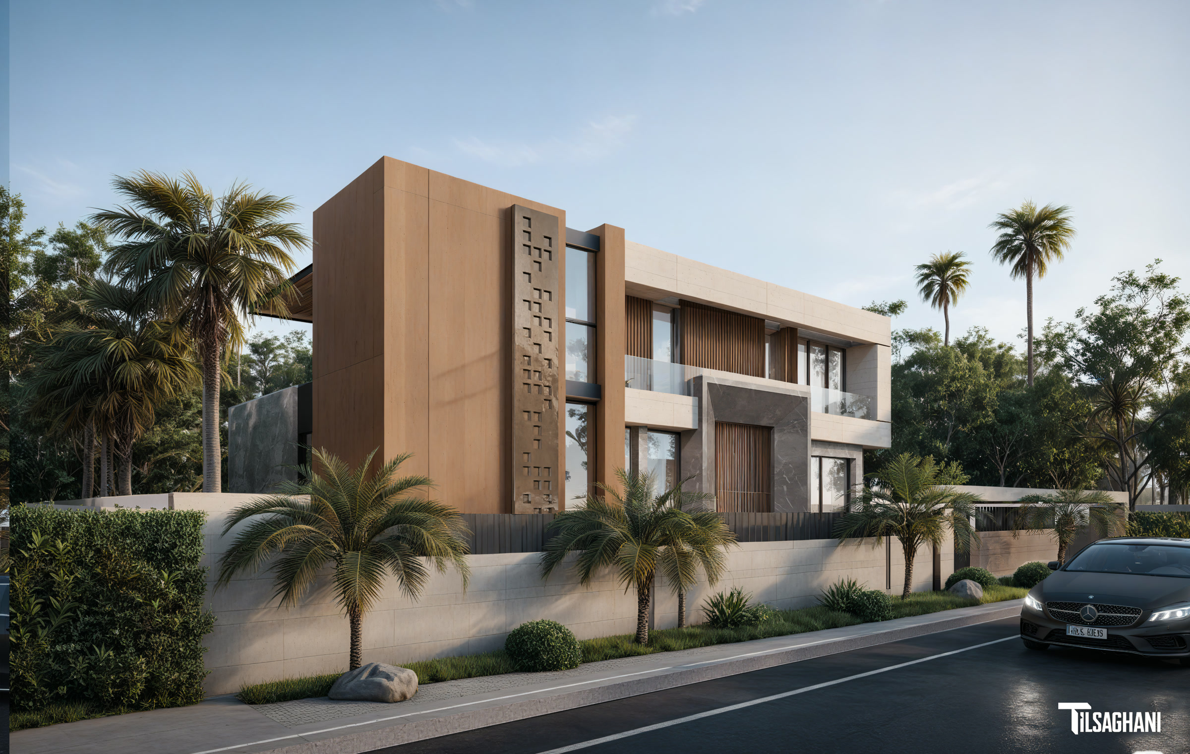 Villa Amelkis 239 façade sur rue en pierre travertin et bois latté, palmiers, lotissement Amelkis 3 Marrakech