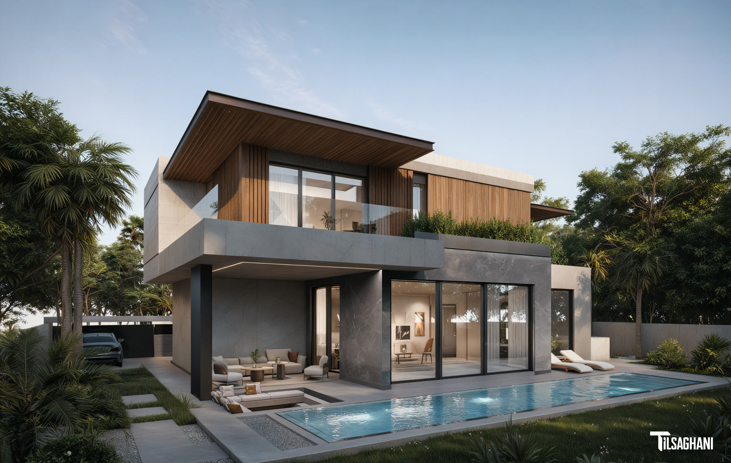 Villa Amelkis 239 façade arrière sur piscine avec salon extérieur et baies vitrées, Amelkis 3 Marrakech