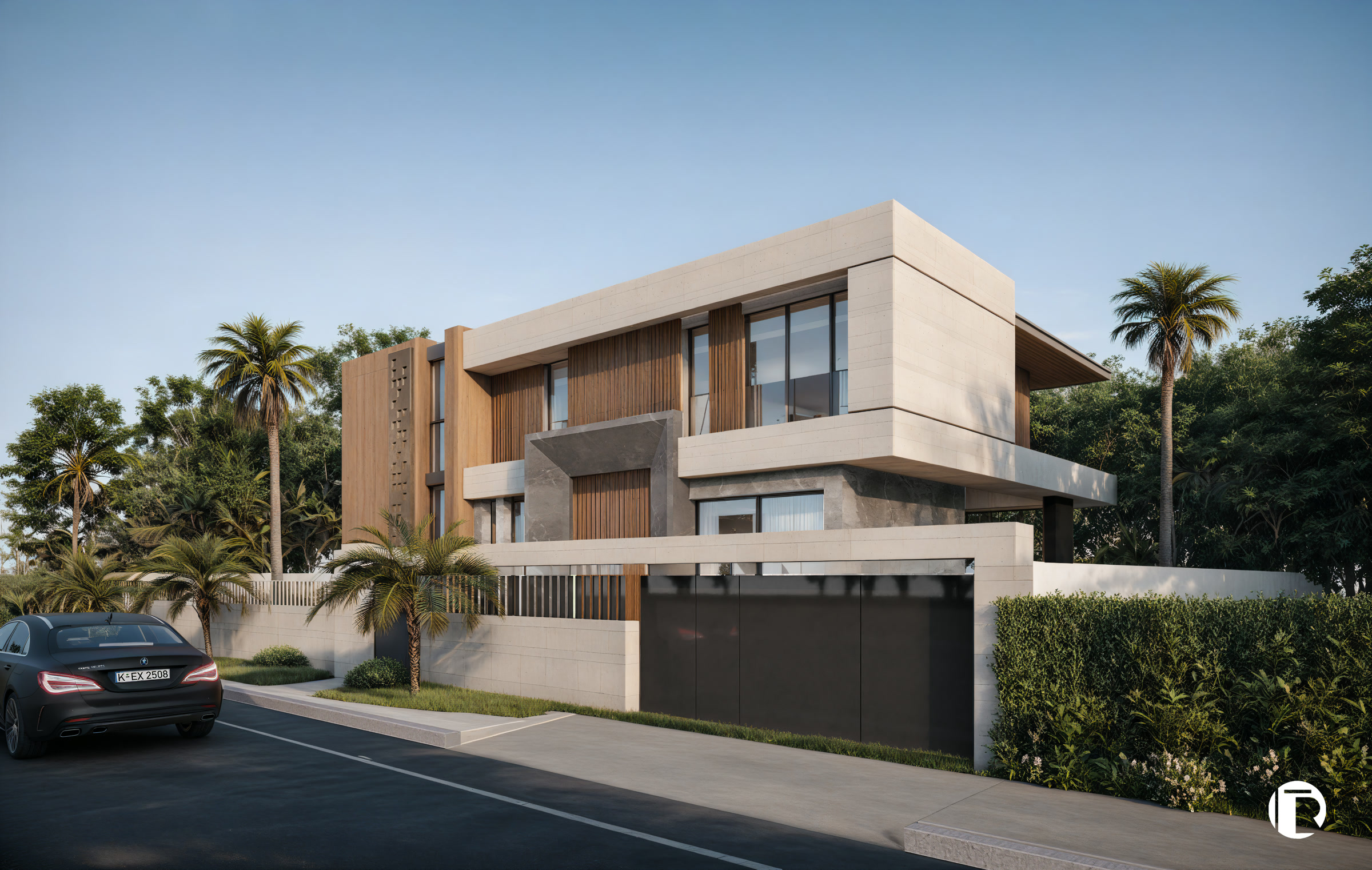 Villa Amelkis 239 façade angle avec claustra moucharabieh sculpté double hauteur, Amelkis 3 Marrakech