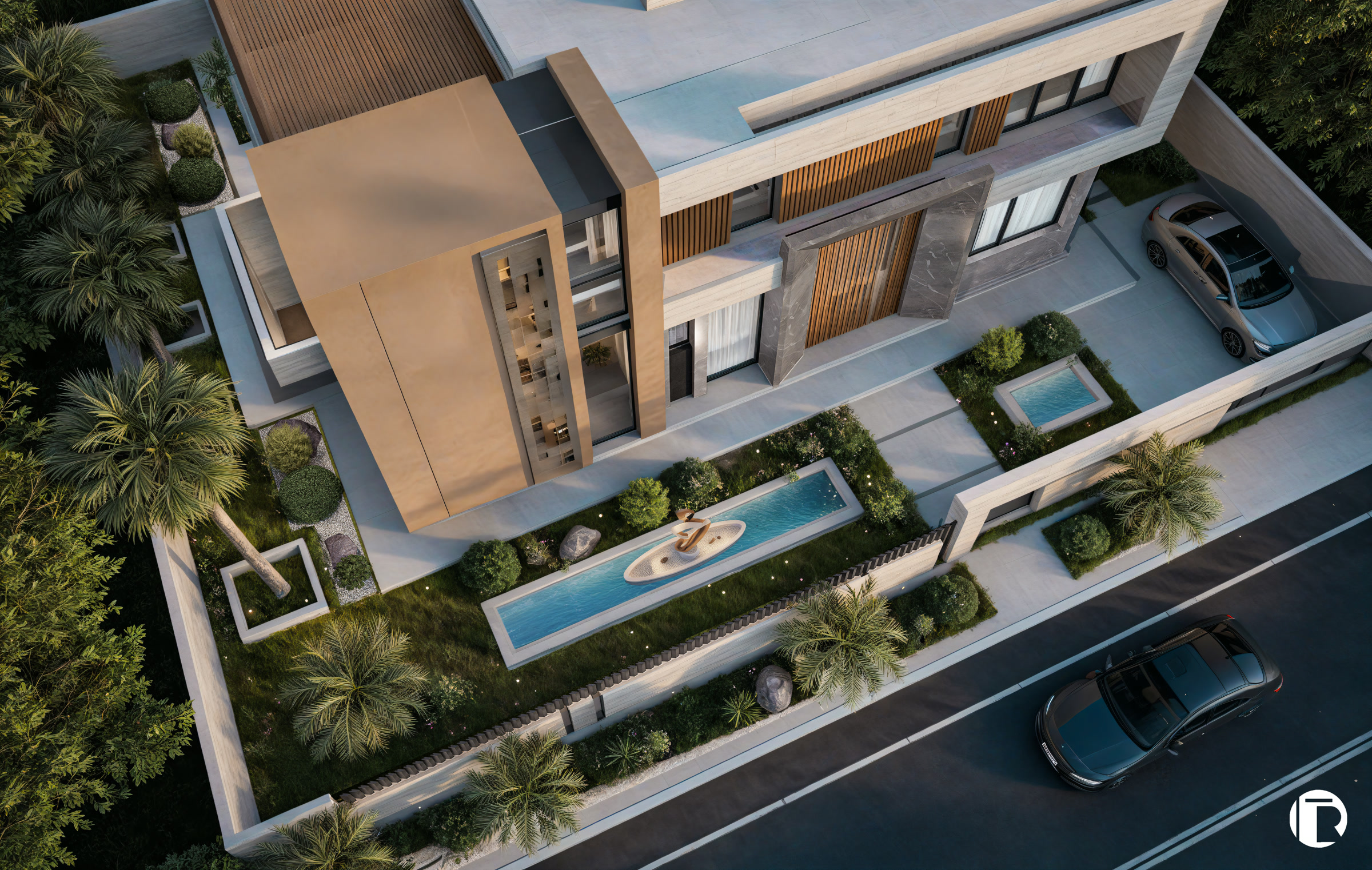 Villa Amelkis 239 vue aérienne d'ensemble patio avec bassin et jardin paysager, lotissement Amelkis 3 Marrakech