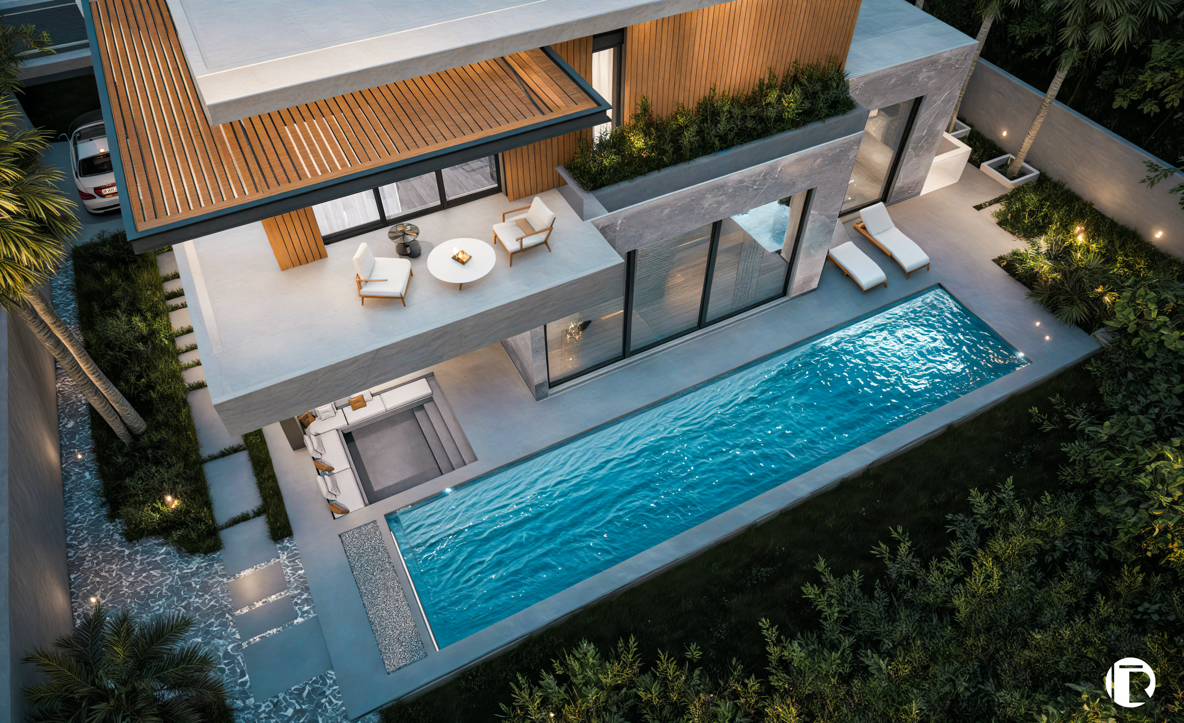 Villa Amelkis 239 vue aérienne piscine longitudinale et terrasse couverte bois latté, Amelkis 3 Marrakech