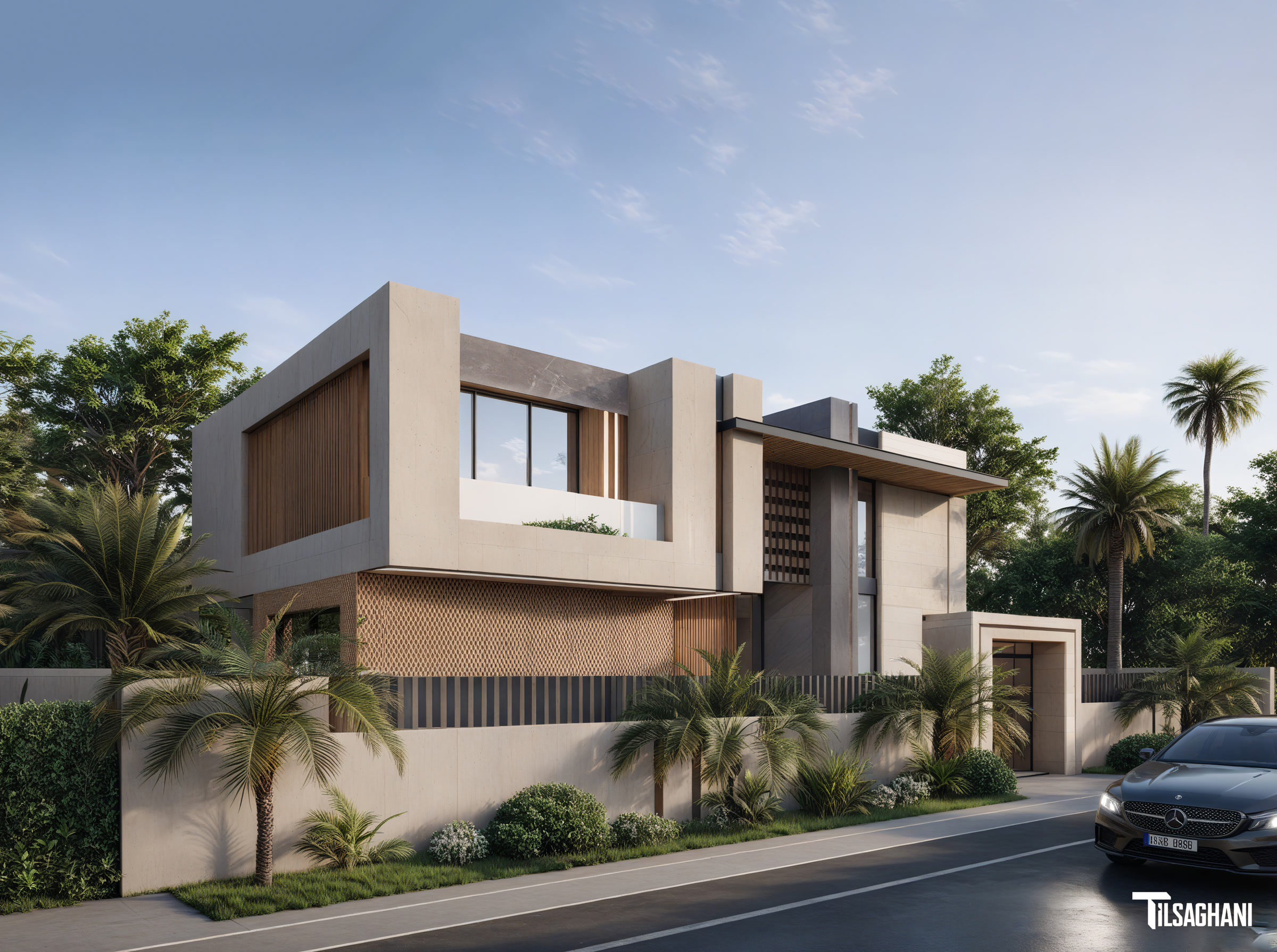 Villa Amelkis 240 façade angle avec étage en porte-à-faux et brise-soleil bois, Amelkis 3 Marrakech