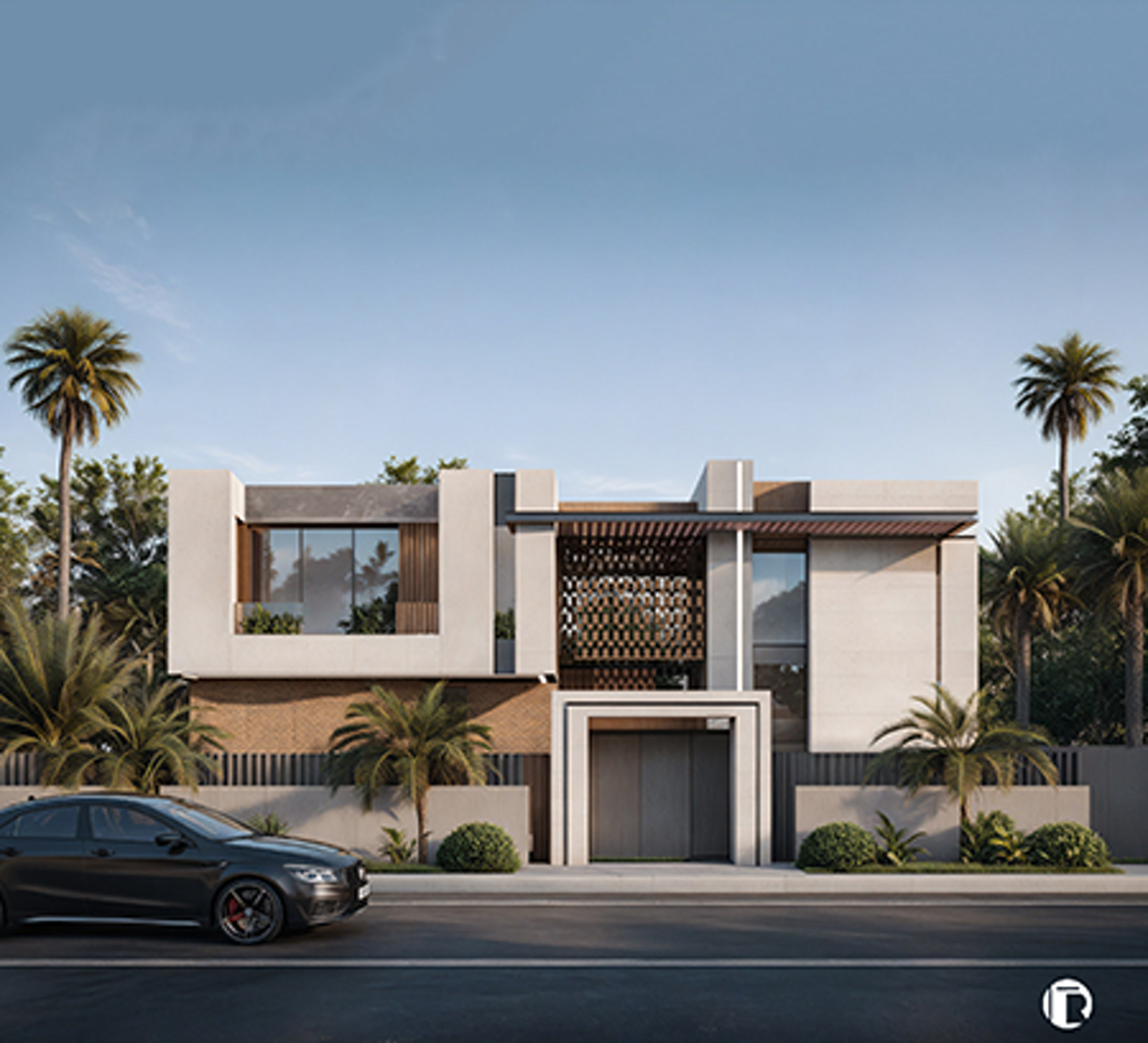 Villa Amelkis 240 façade sur rue avec claustra en brique terre cuite et parement calcaire, Amelkis 3 Marrakech