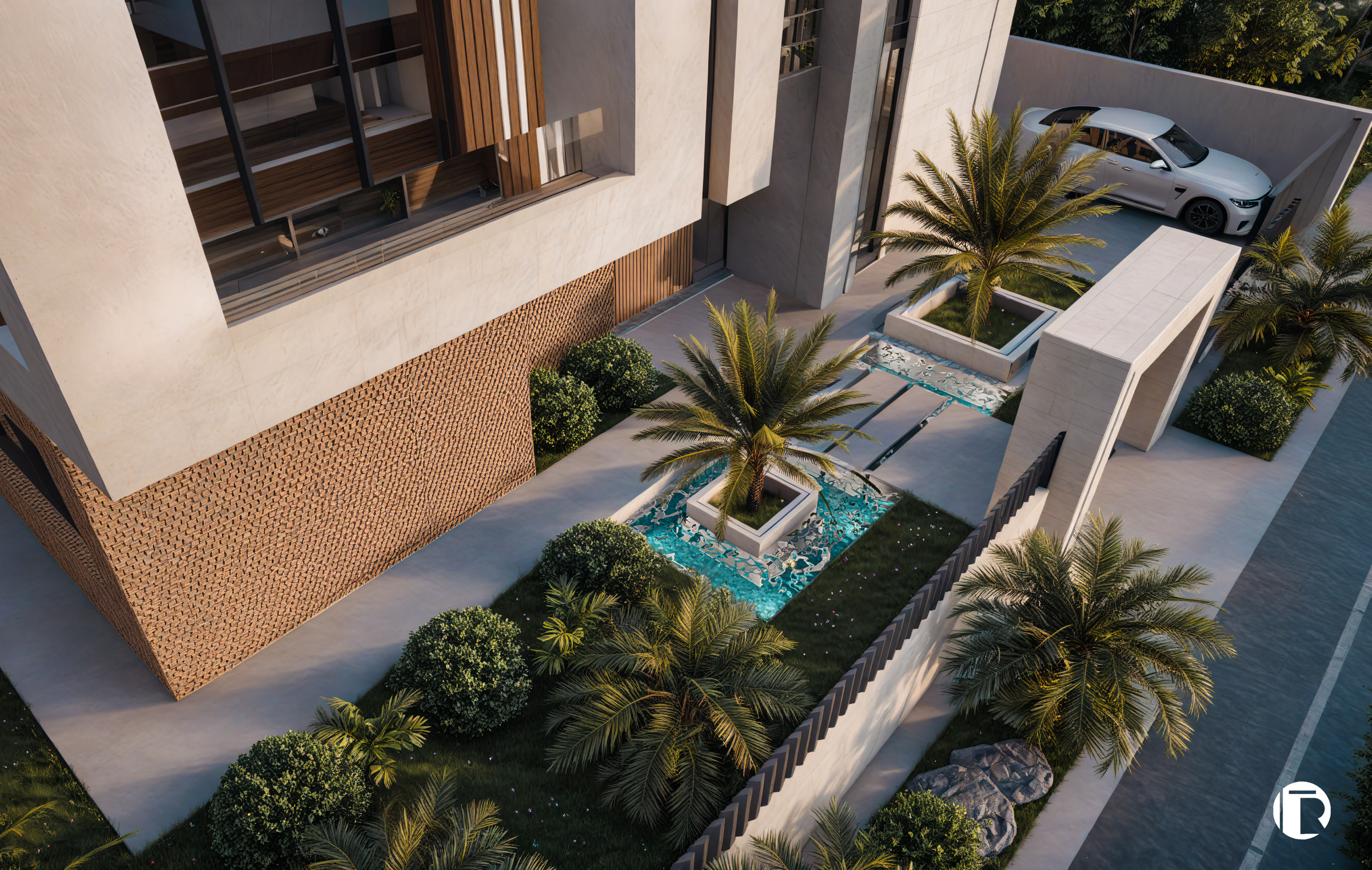 Villa Amelkis 240 vue aérienne du patio planté avec bassin et palmier central, Amelkis 3 Marrakech