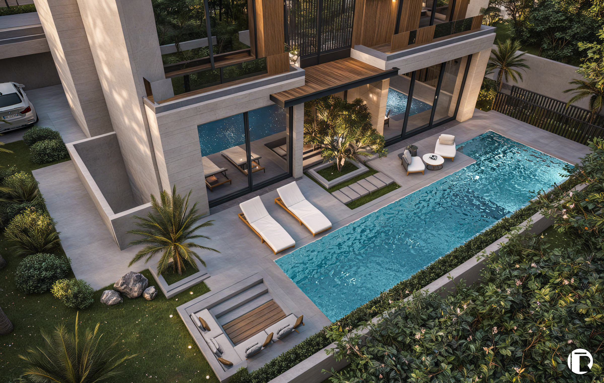 Villa Amelkis 240 vue aérienne piscine longitudinale avec transats et terrasse couverte, Amelkis 3 Marrakech