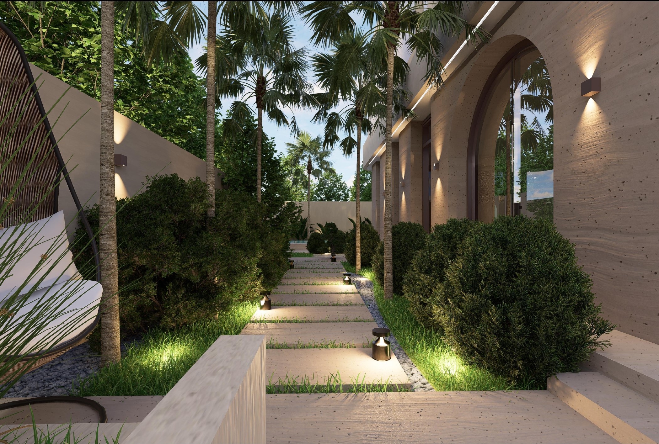 Couloir éclairé Villa Bali Marrakech, mur travertin et jardin avec banc osier suspendu