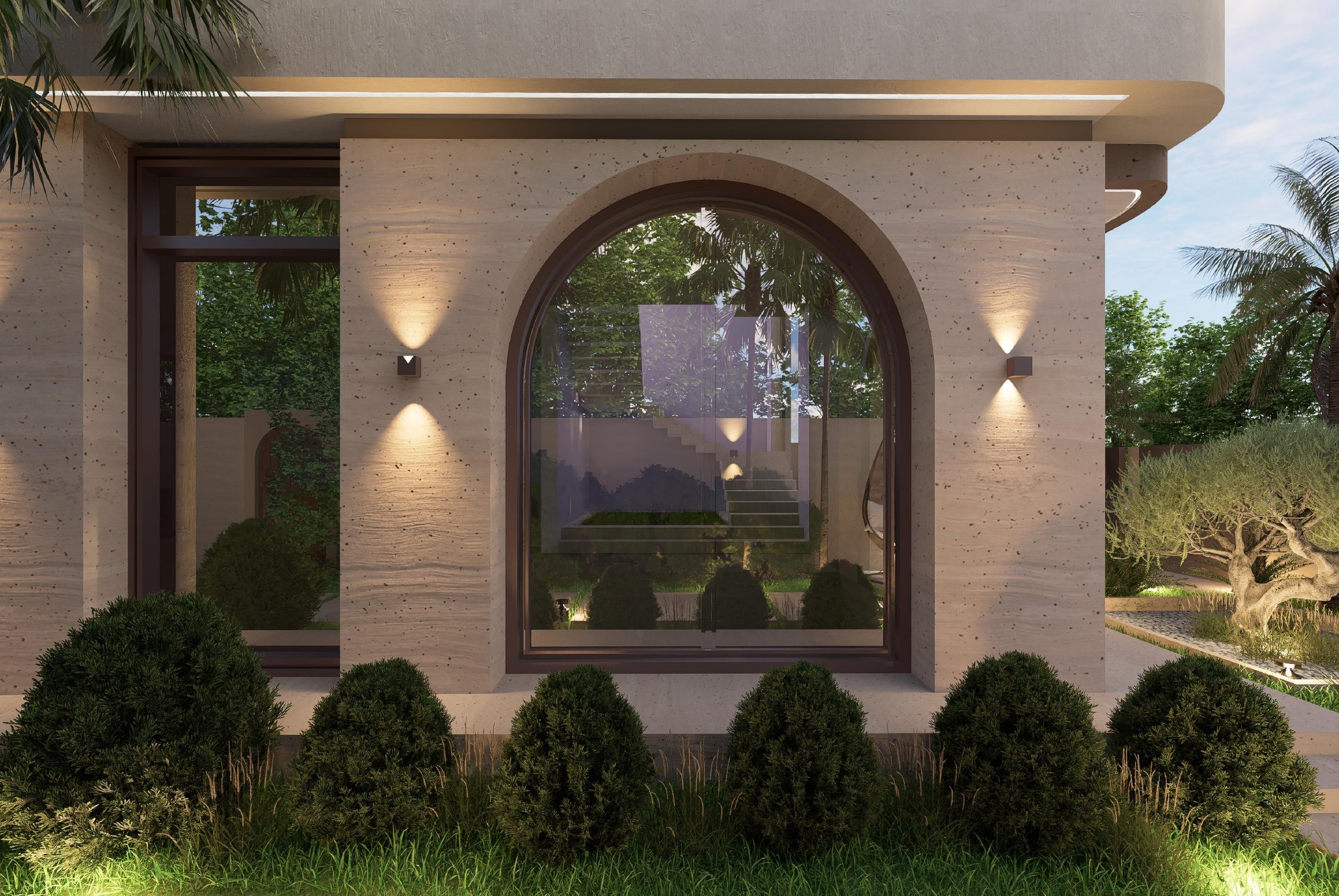 Détail fenêtre arquée Villa Bali Marrakech, mur travertin griffé éclairage nocturne signature Bali