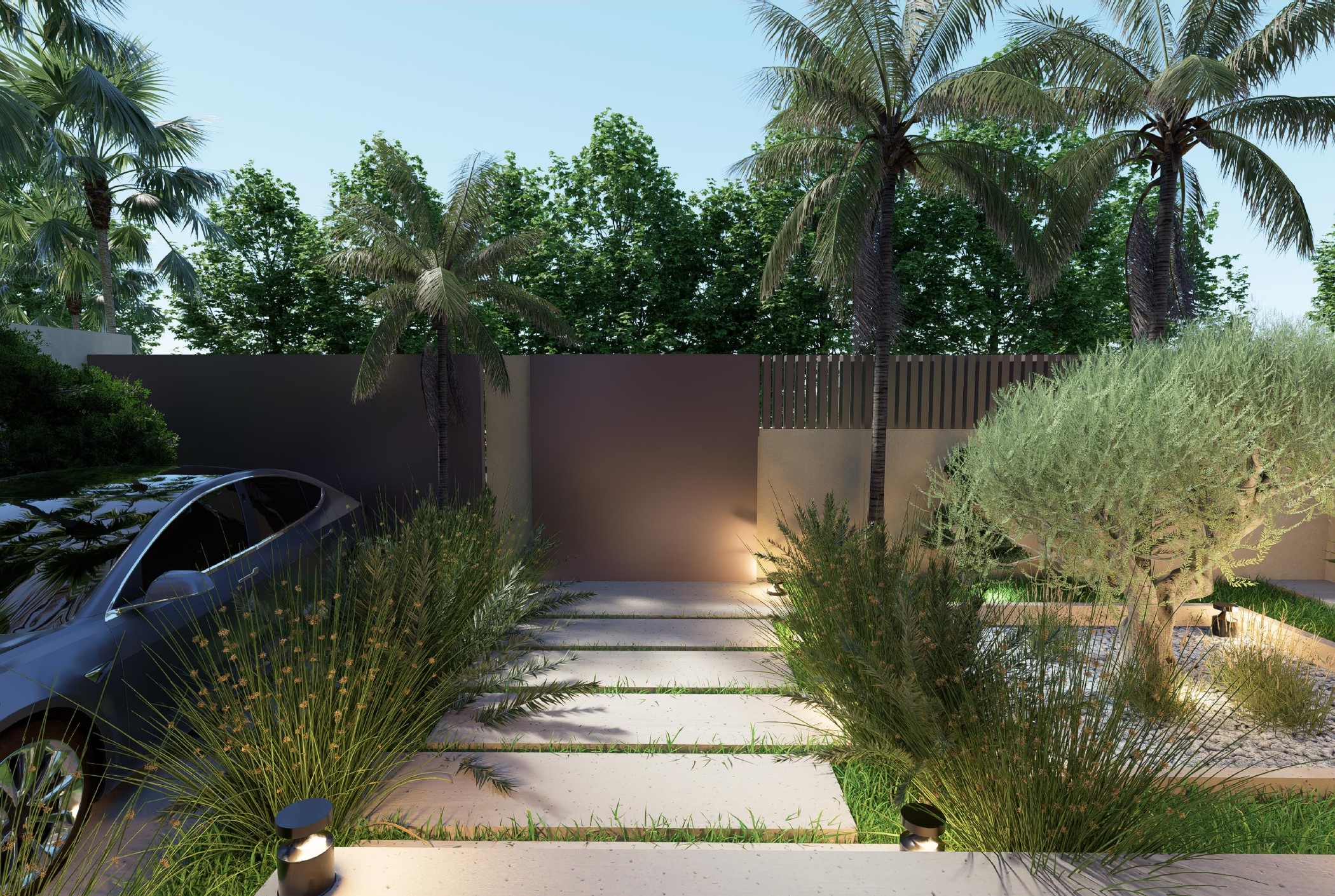 Jardin entrée Villa Bali Marrakech, olivier centenaire et palmiers, ancrage marocain