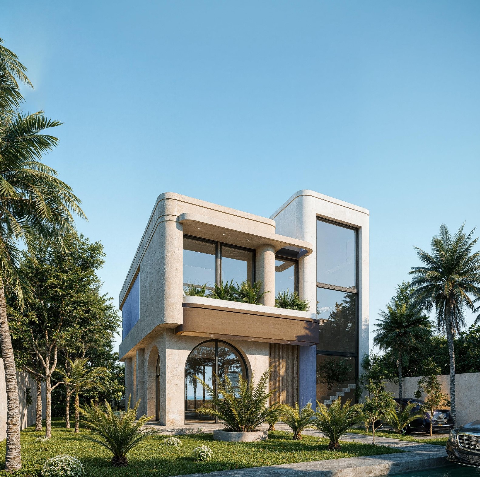 Façade angle Villa Bali Marrakech, volumes arrondis pierre claire et jardin paysager