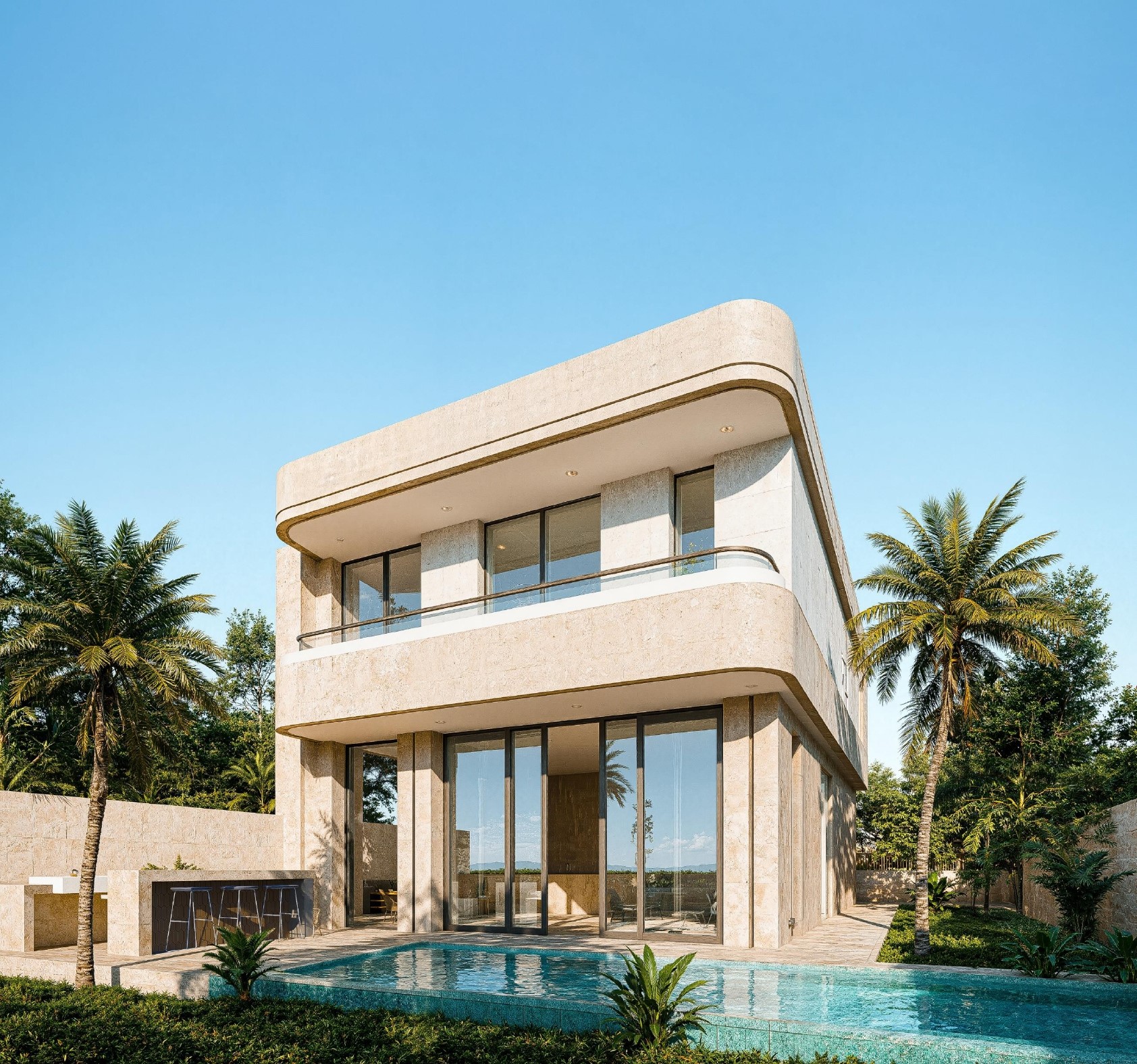 Façade arrière Villa Bali Marrakech avec piscine, travertin beige et palmiers