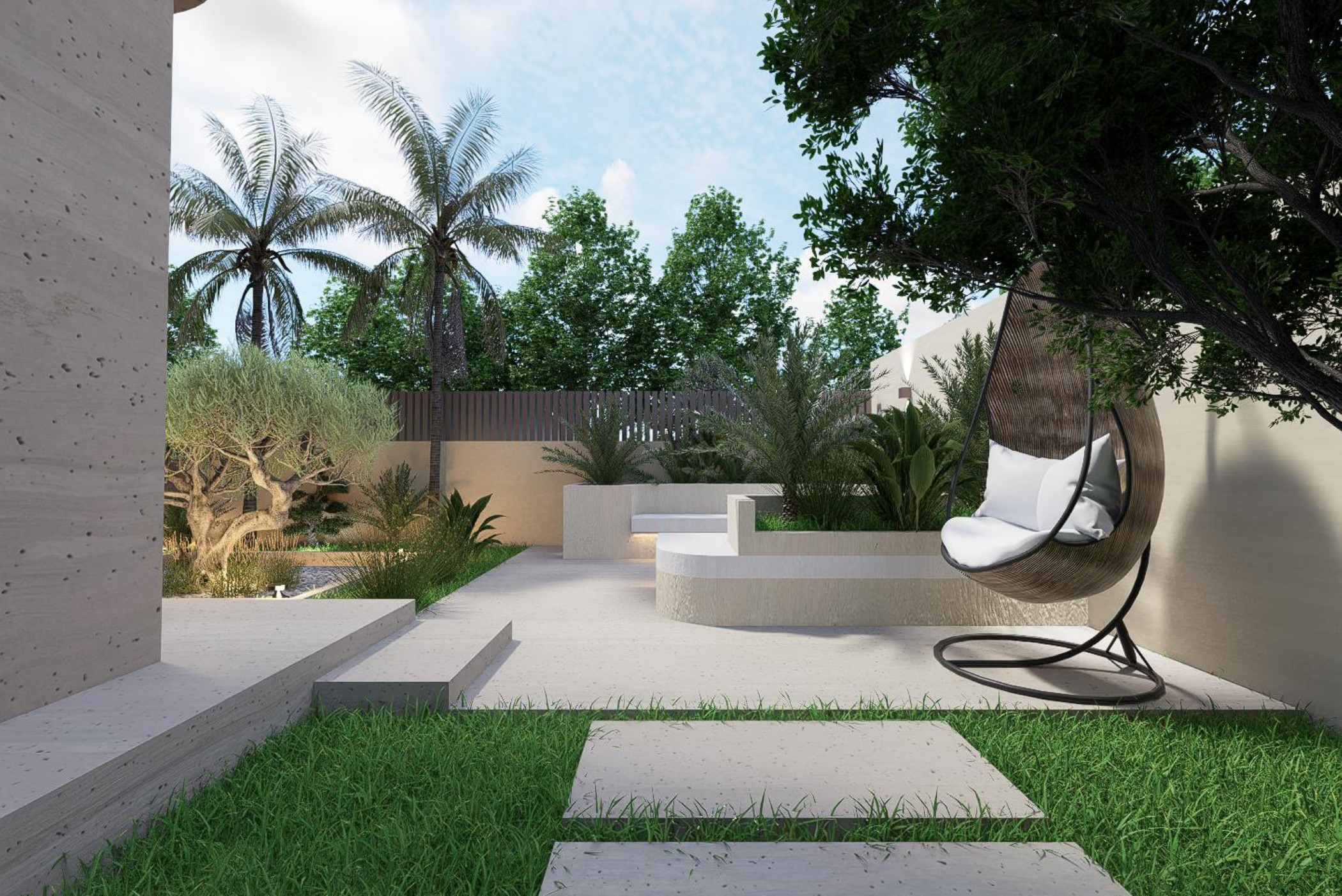 Salon outdoor Villa Bali Marrakech, fauteuil osier suspendu et banc design dans jardin
