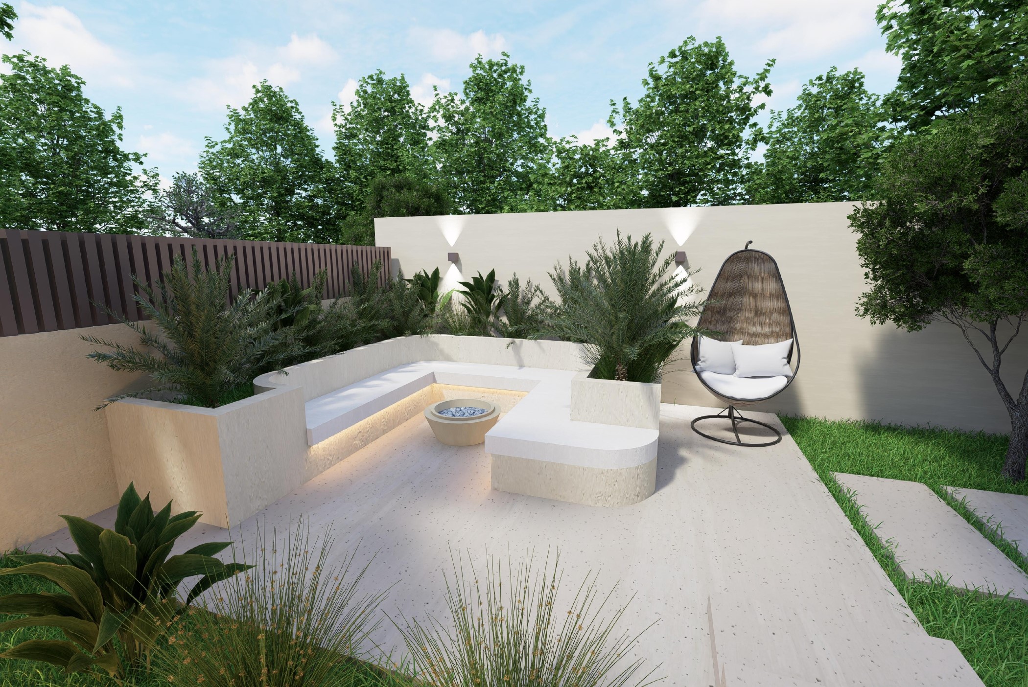 Jardin Villa Bali Marrakech, fauteuil suspendu osier sous palmiers et mur travertin