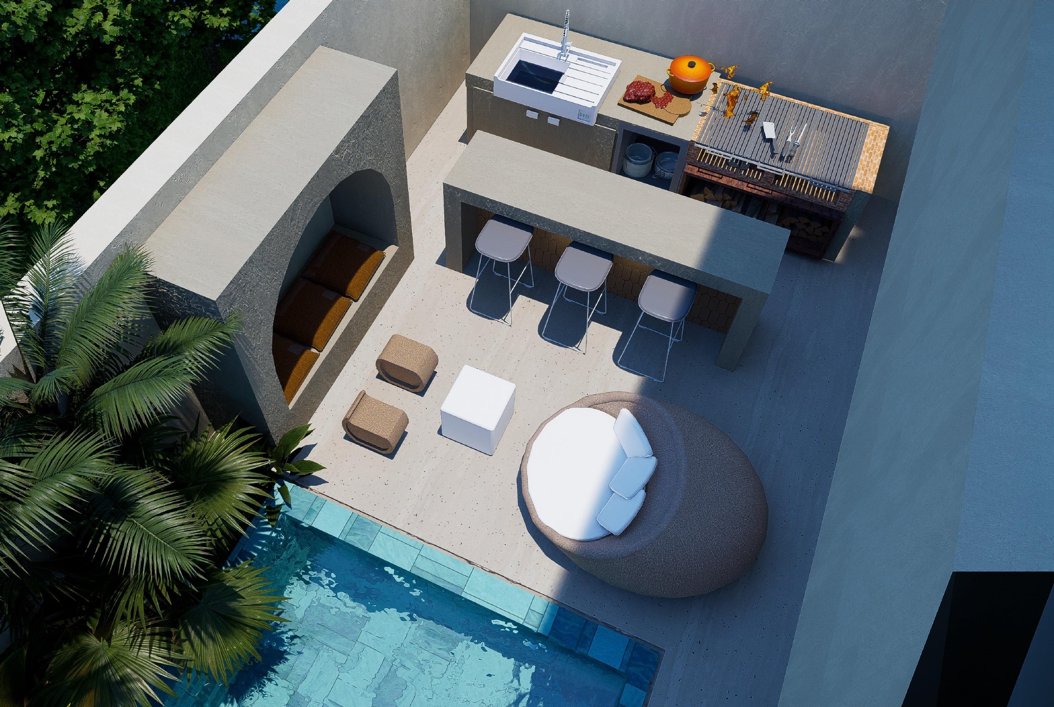 Vue aérienne Villa Bali Marrakech, cuisine outdoor, salon extérieur et piscine