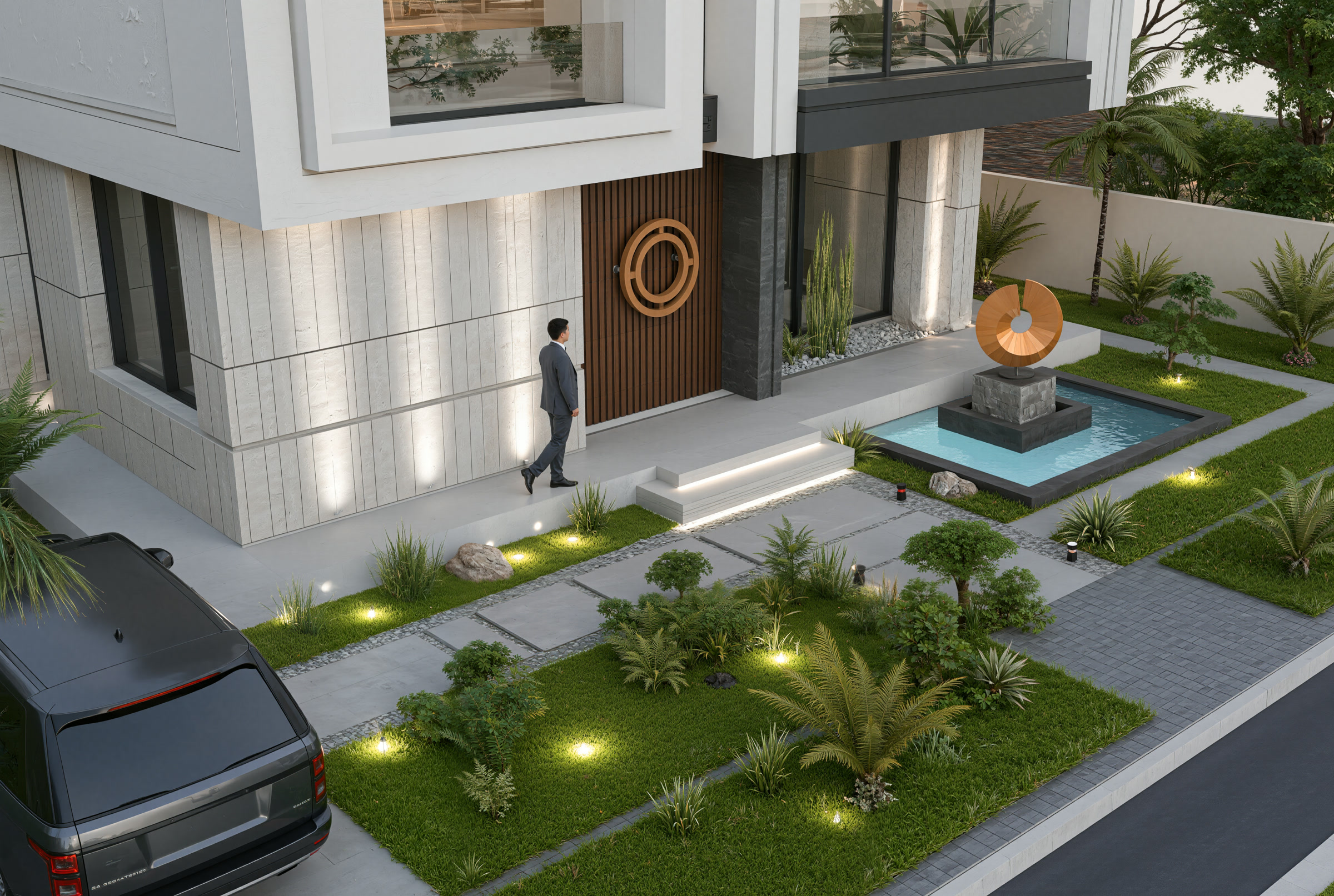 Villa Marrakech vue angle façade entrée bardage bois vertical volumes contemporains