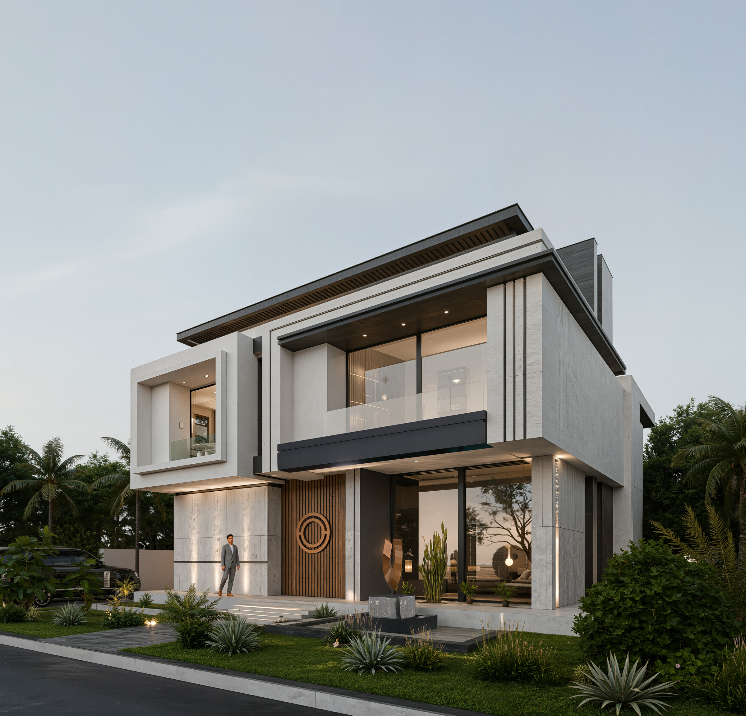 Villa contemporaine Marrakech façade principale travertin entrée porte bois cerclée