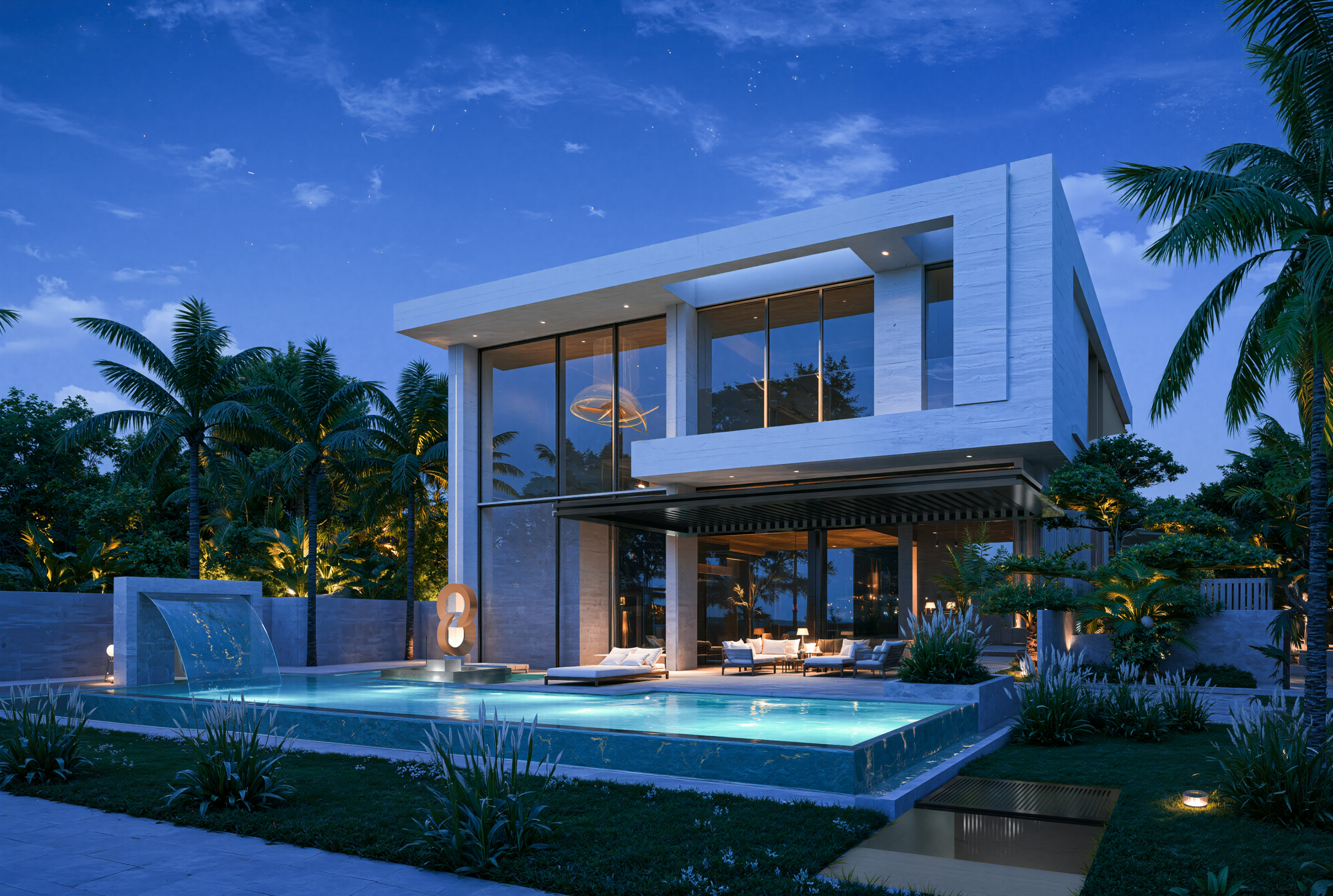 Villa Marrakech façade arrière nuit piscine éclairée baies vitrées illuminées