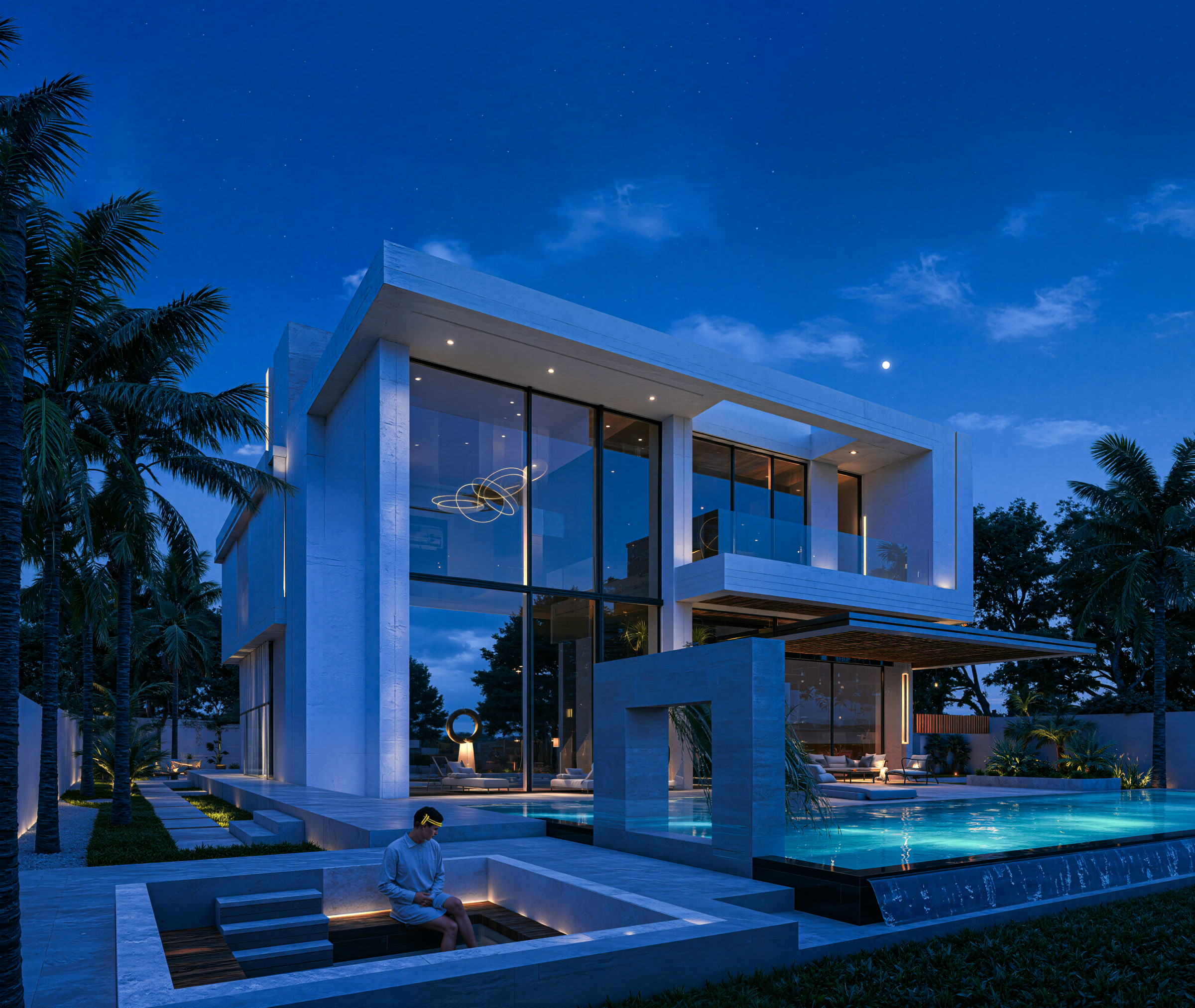 Villa Marrakech piscine débordement bassin façade arrière vue angle crépuscule