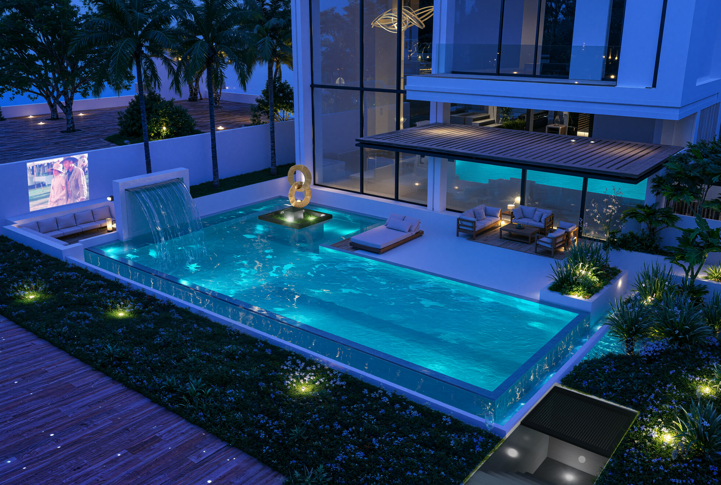 illa Marrakech vue aérienne drone piscine rectangulaire salon extérieur écran projection nuit