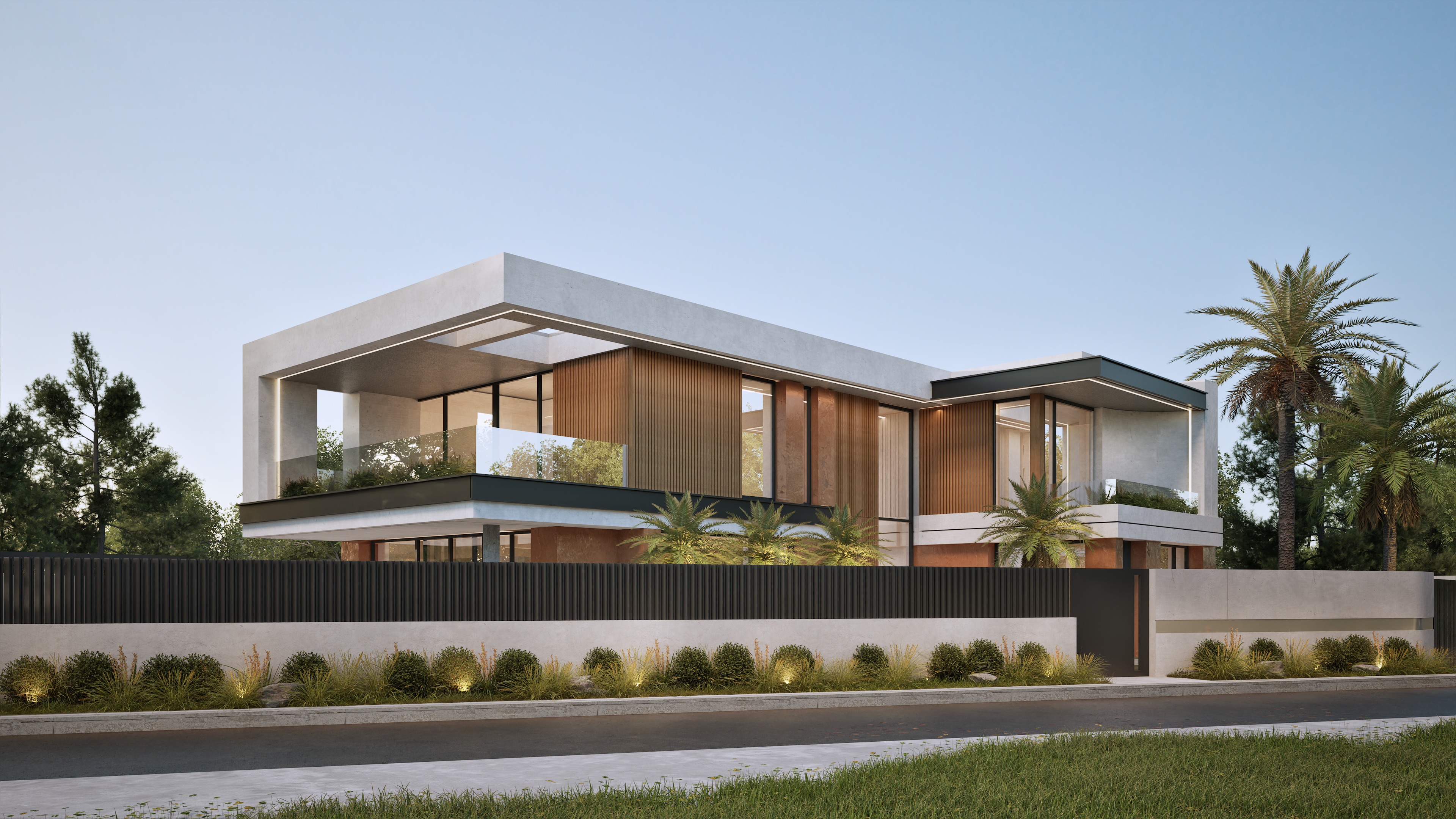 Villa contemporaine Marrakech façade latérale clôture bois noir