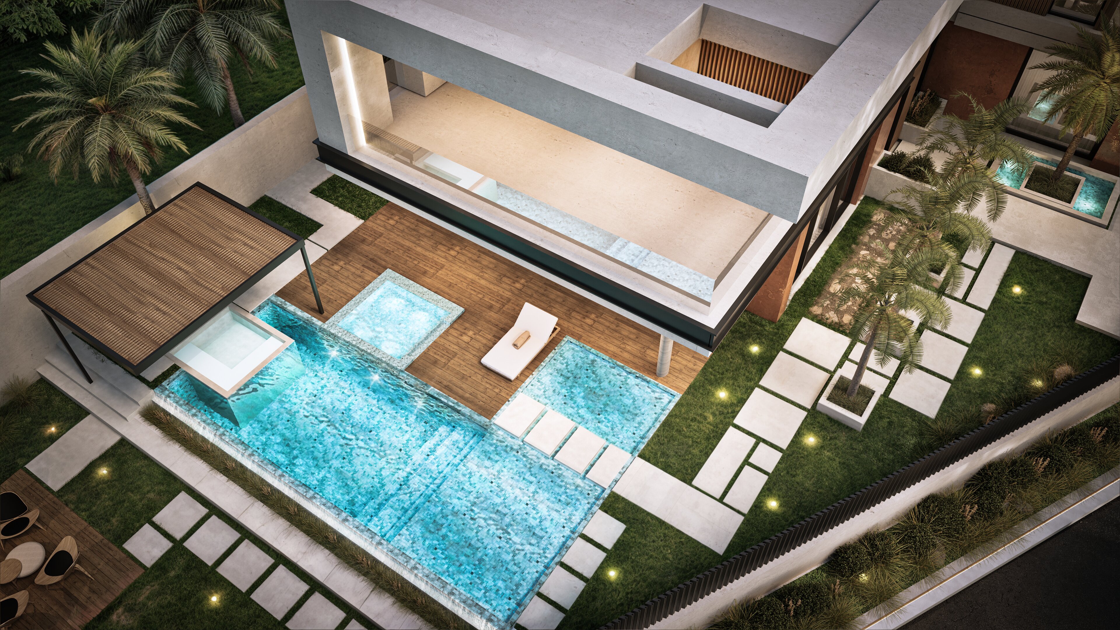 Villa Marrakech vue aérienne piscine en L terrasse bois