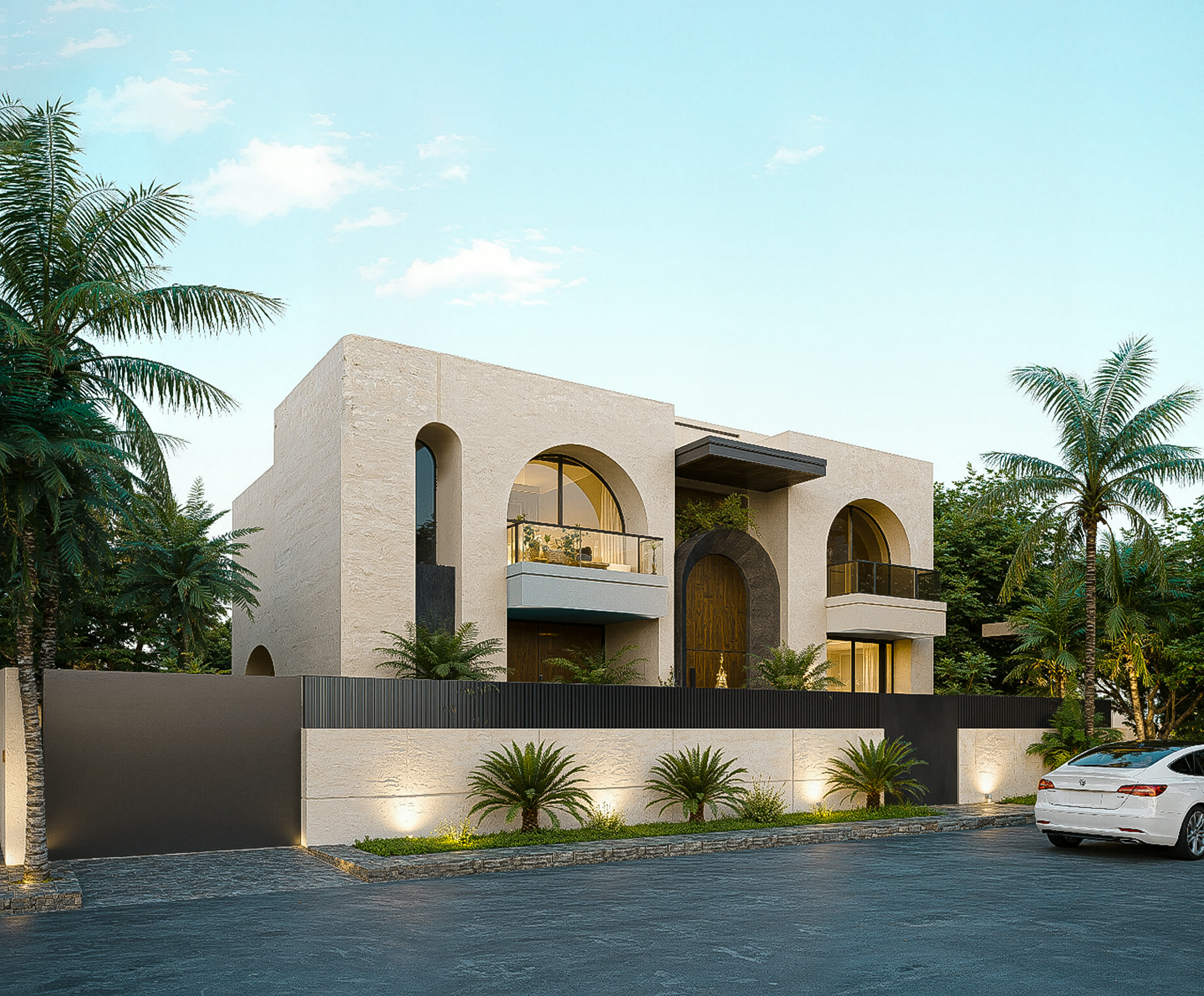 Villa O façade vue d'angle au coucher du soleil, claustras décoratifs, Roseraie Akenza Marrakech