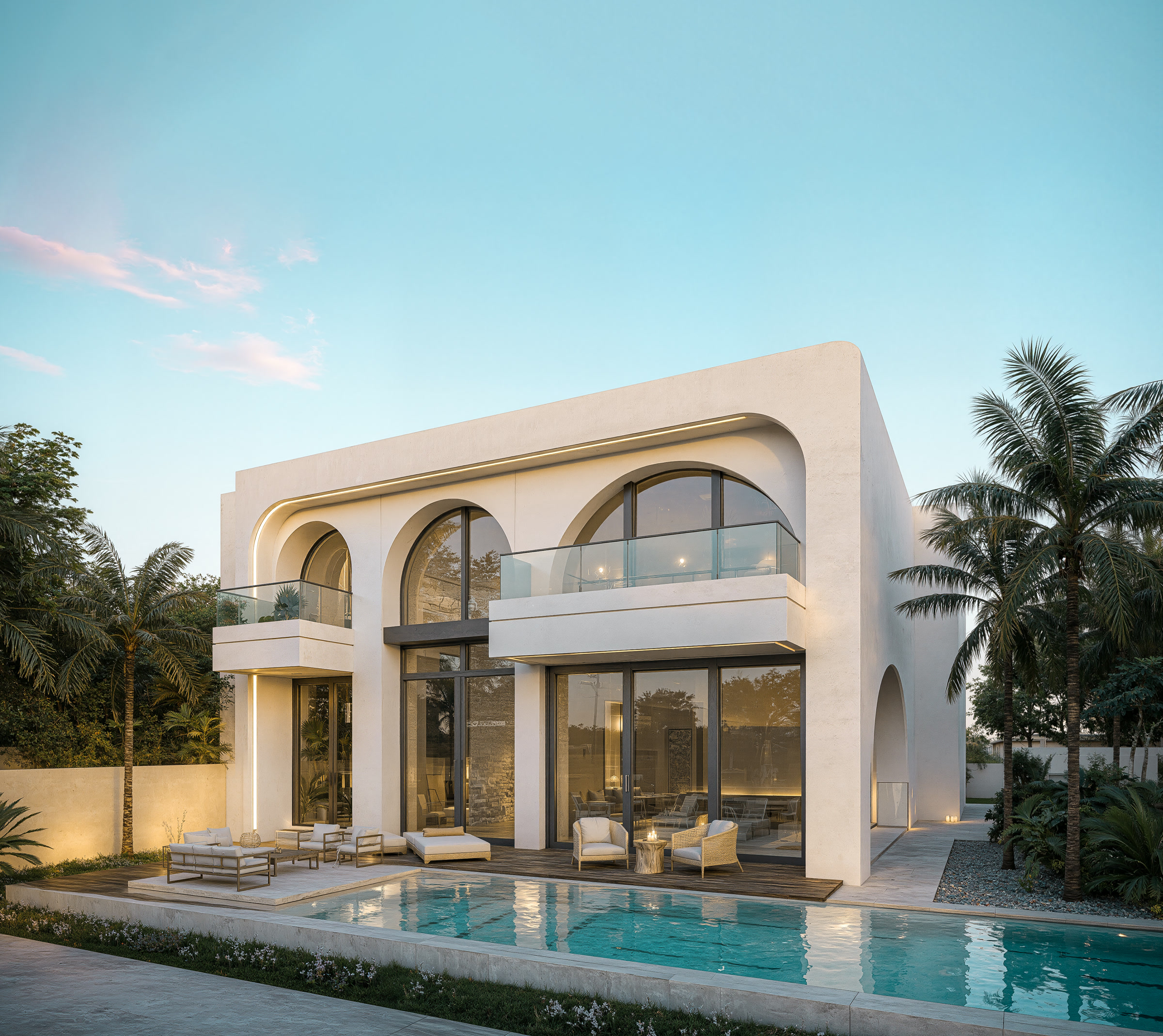 Façade arrière Villa O au crépuscule, arches arrondies et piscine éclairée, Roseraie Akenza Marrakech