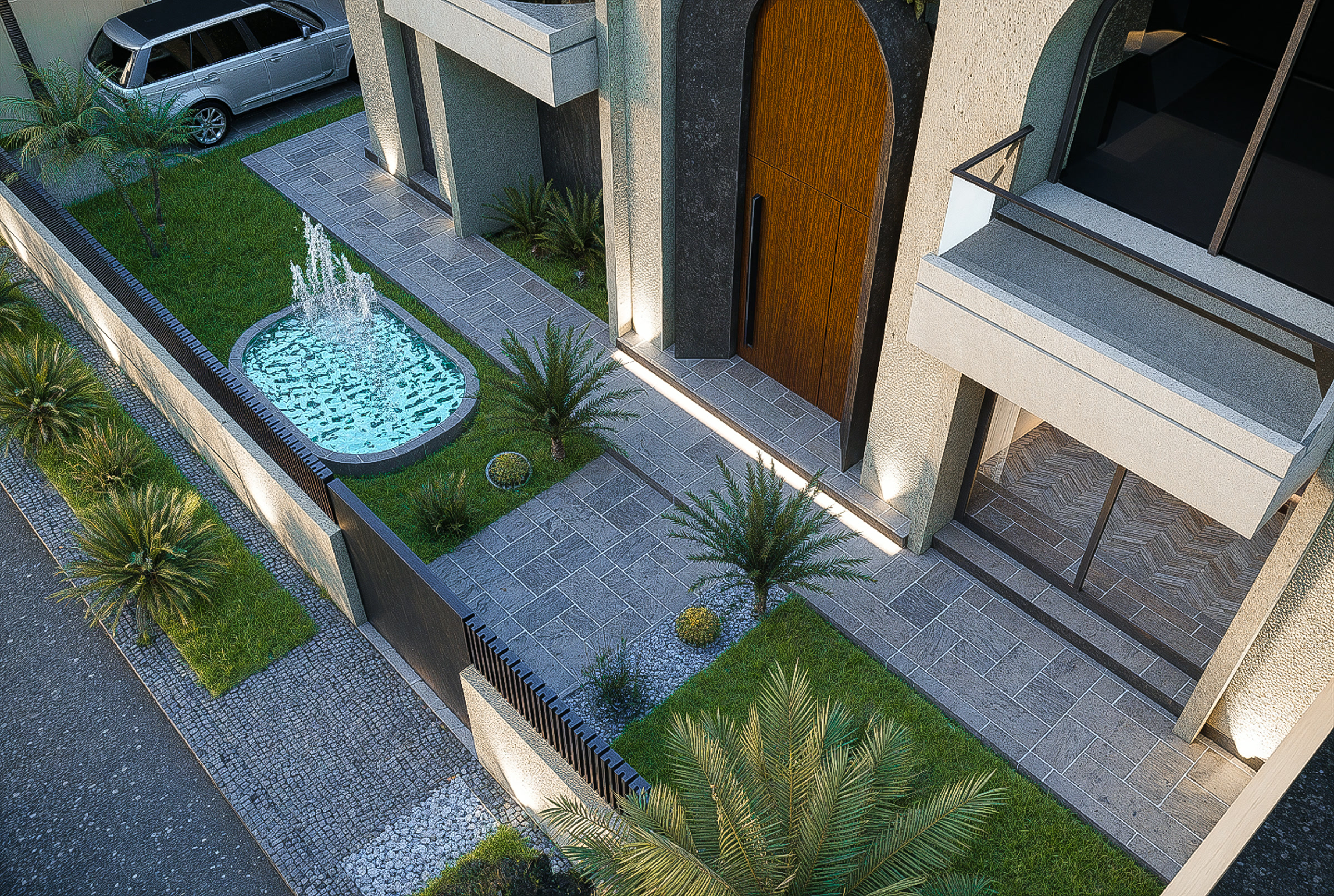 Vue aérienne entrée Villa O avec fontaine et allée centrale, Roseraie Akenza Marrakech