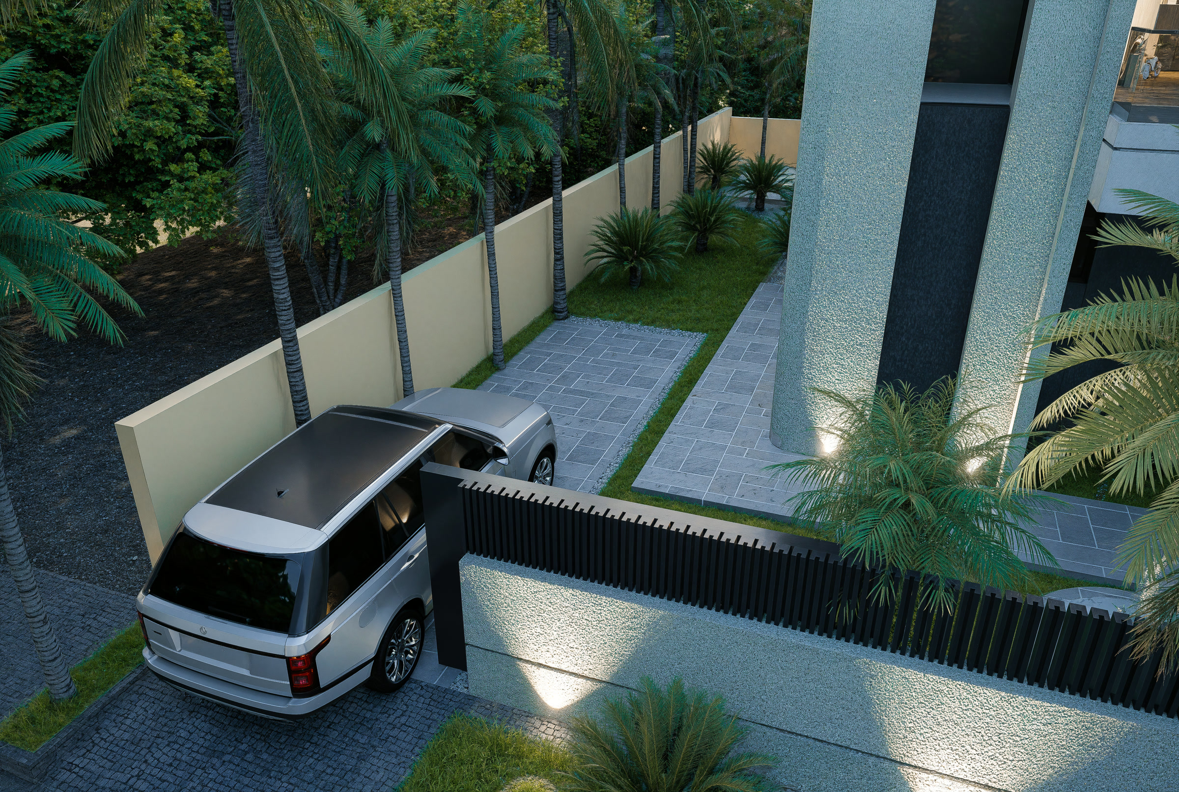 Vue aérienne entrée et parking Villa O, claustras de façade, Roseraie Akenza Marrakech