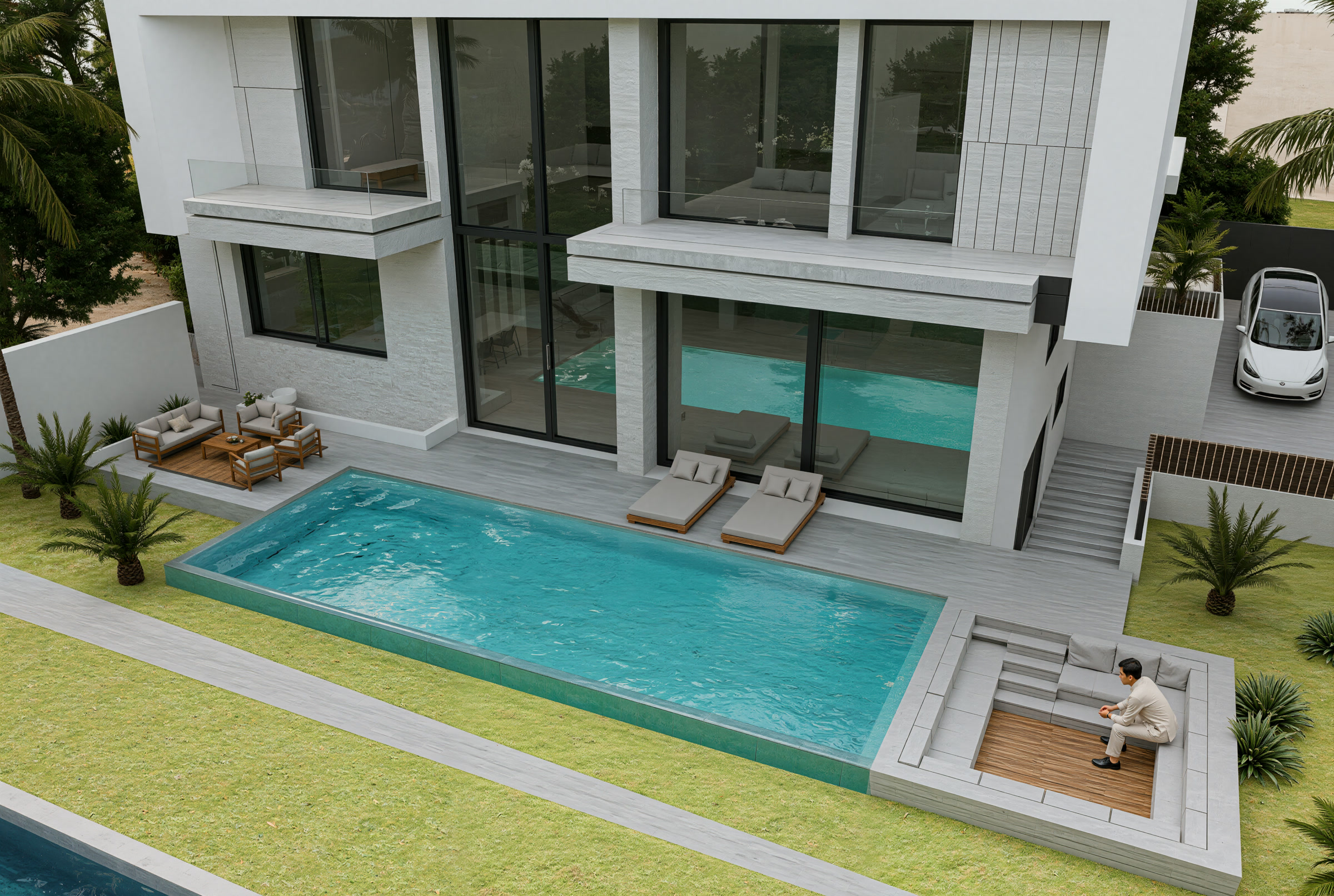 Villa TA façade arrière avec piscine longue et salon extérieur, Sherifa Marrakech