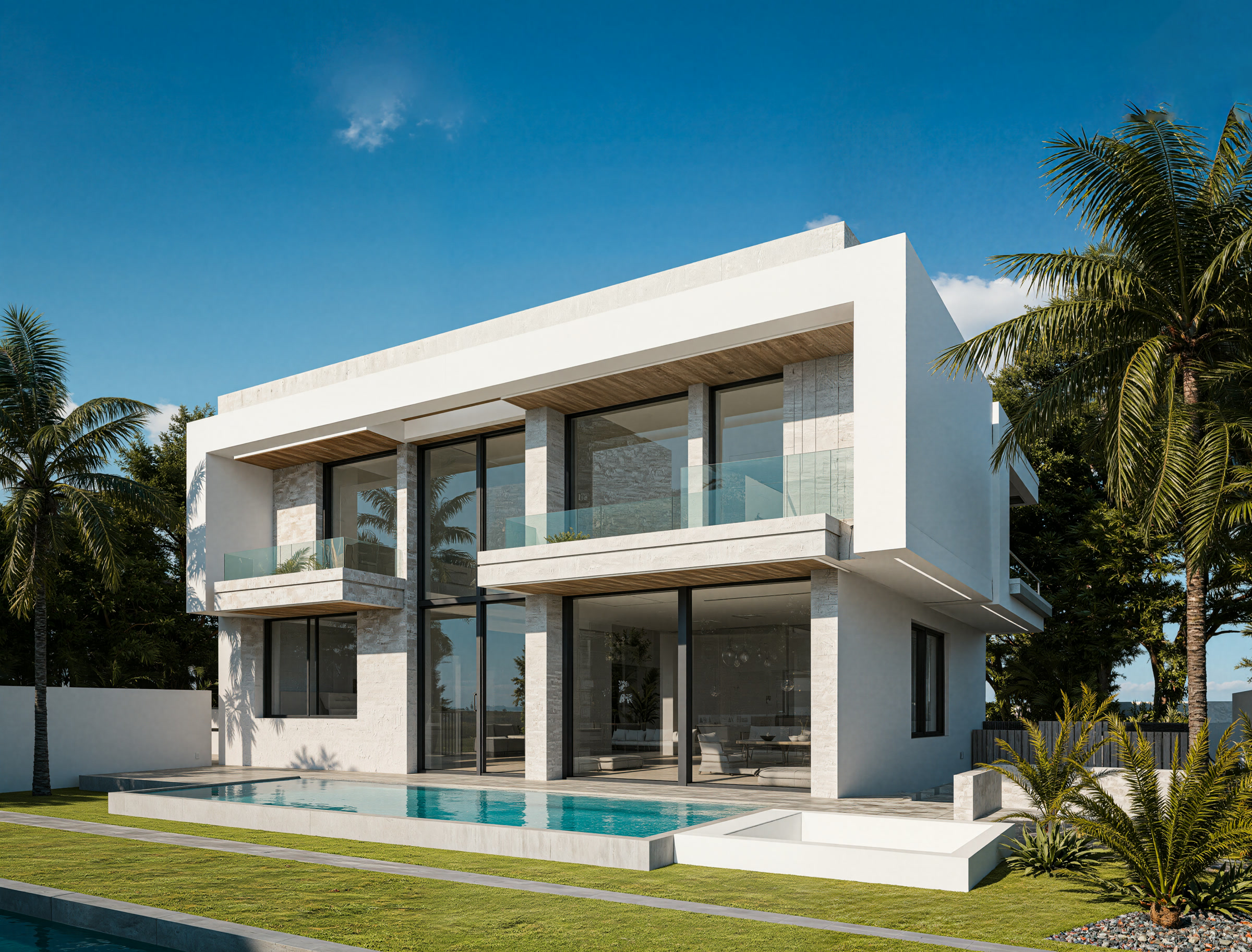 illa TA façade blanche jour avec piscine et palmiers, lotissement Sherifa Marrakech