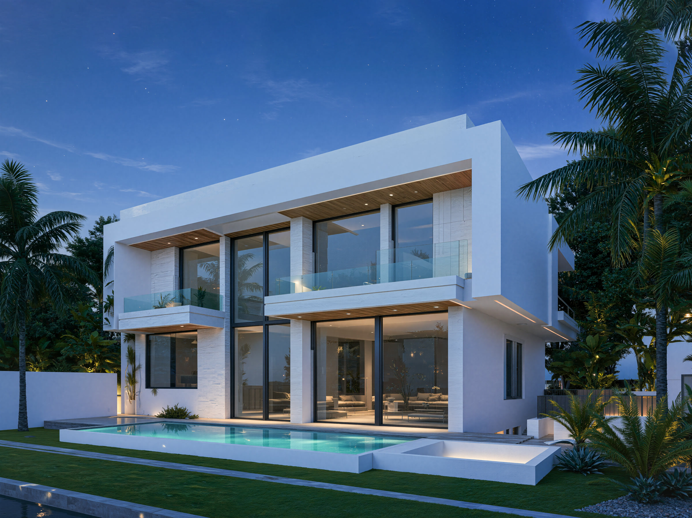 Villa TA façade principale au crépuscule éclairée, palmiers tropicaux Sherifa Marrakech