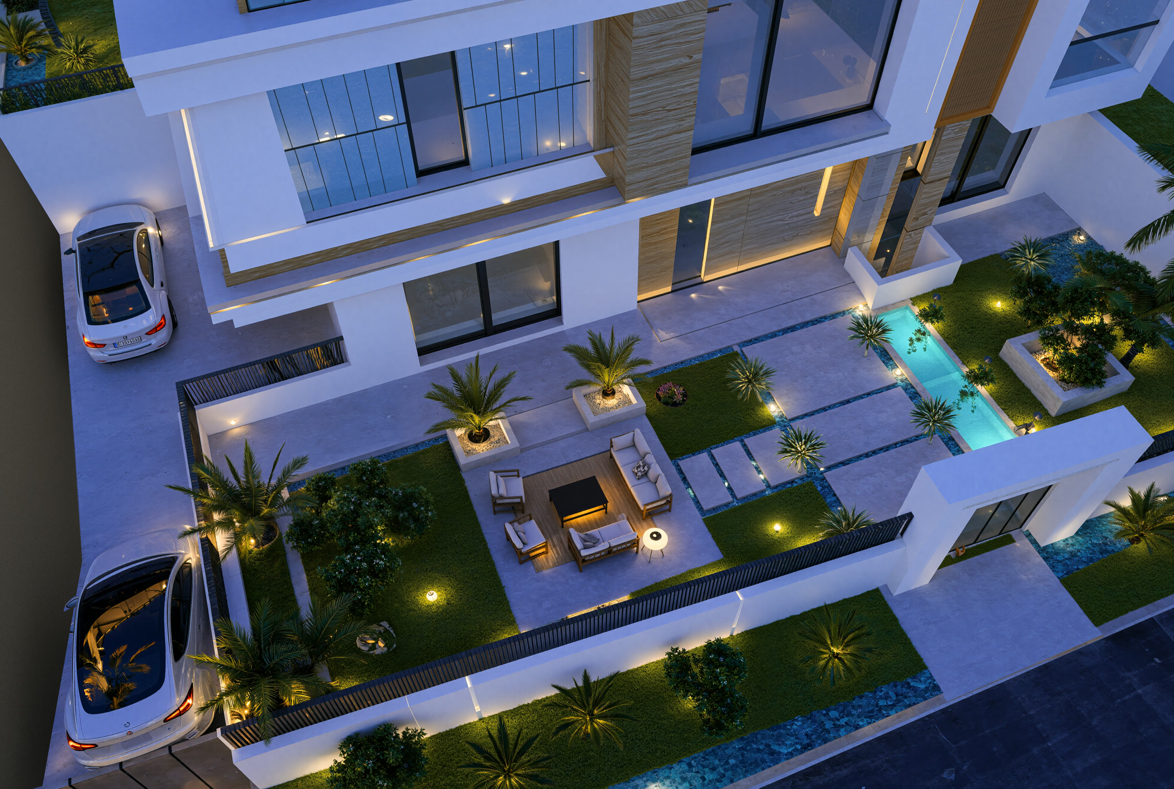 Villa TA vue aérienne nocturne, jardin éclairé et salon outdoor Sherifa Marrakec