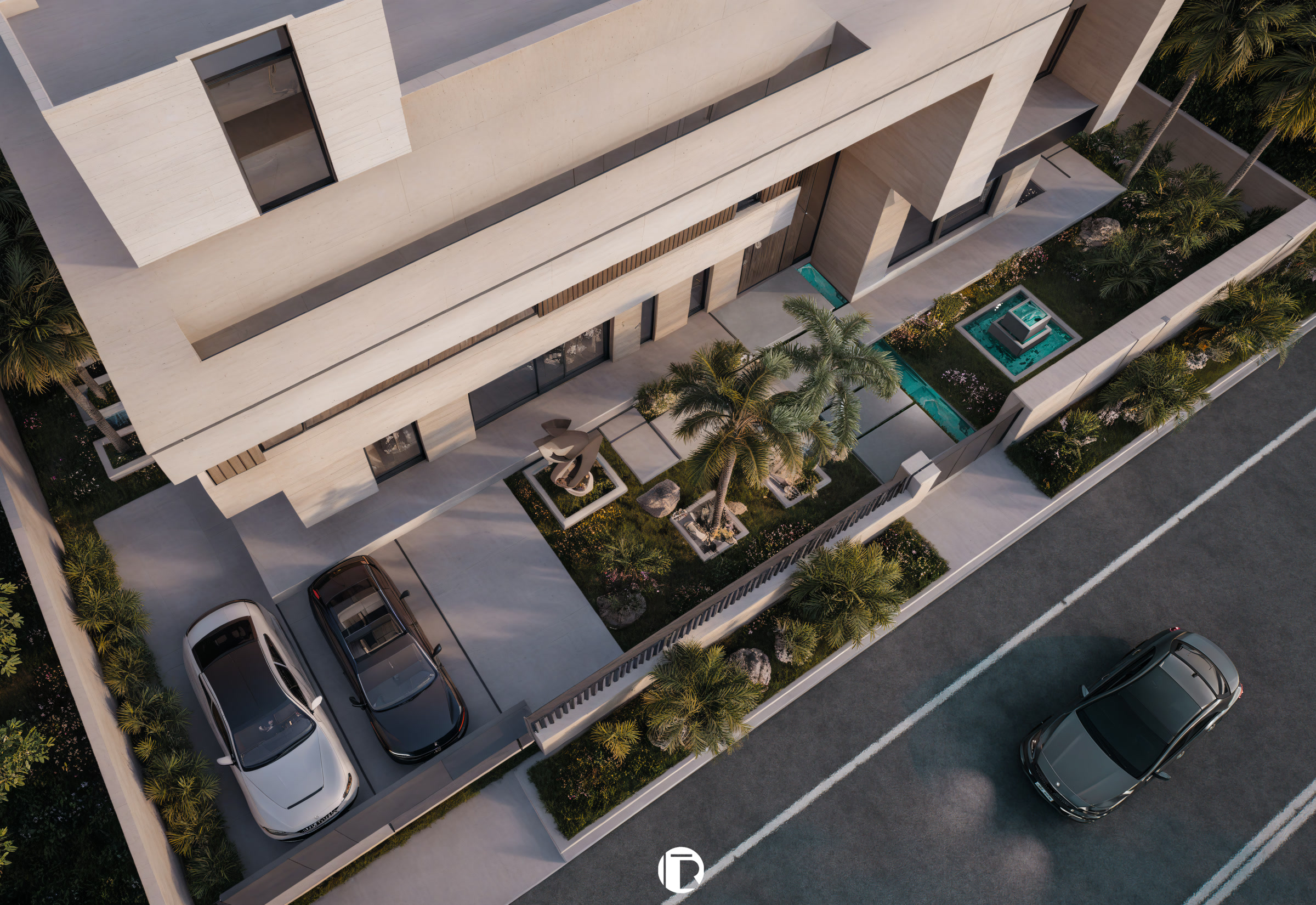 Villa Marrakech Palmiers Targa vue aérienne entrée avec cour parking deux voitures et patio planté