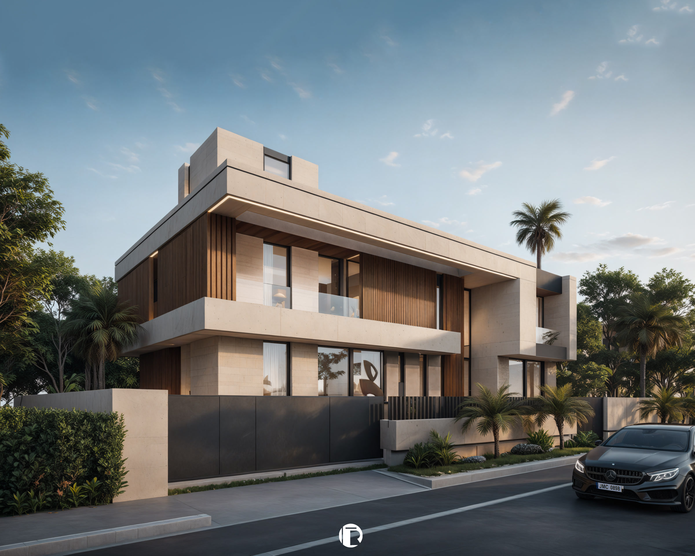 Villa contemporaine Marrakech Palmiers Targa façade principale en pierre claire et bardage bois vertical avec palmiers