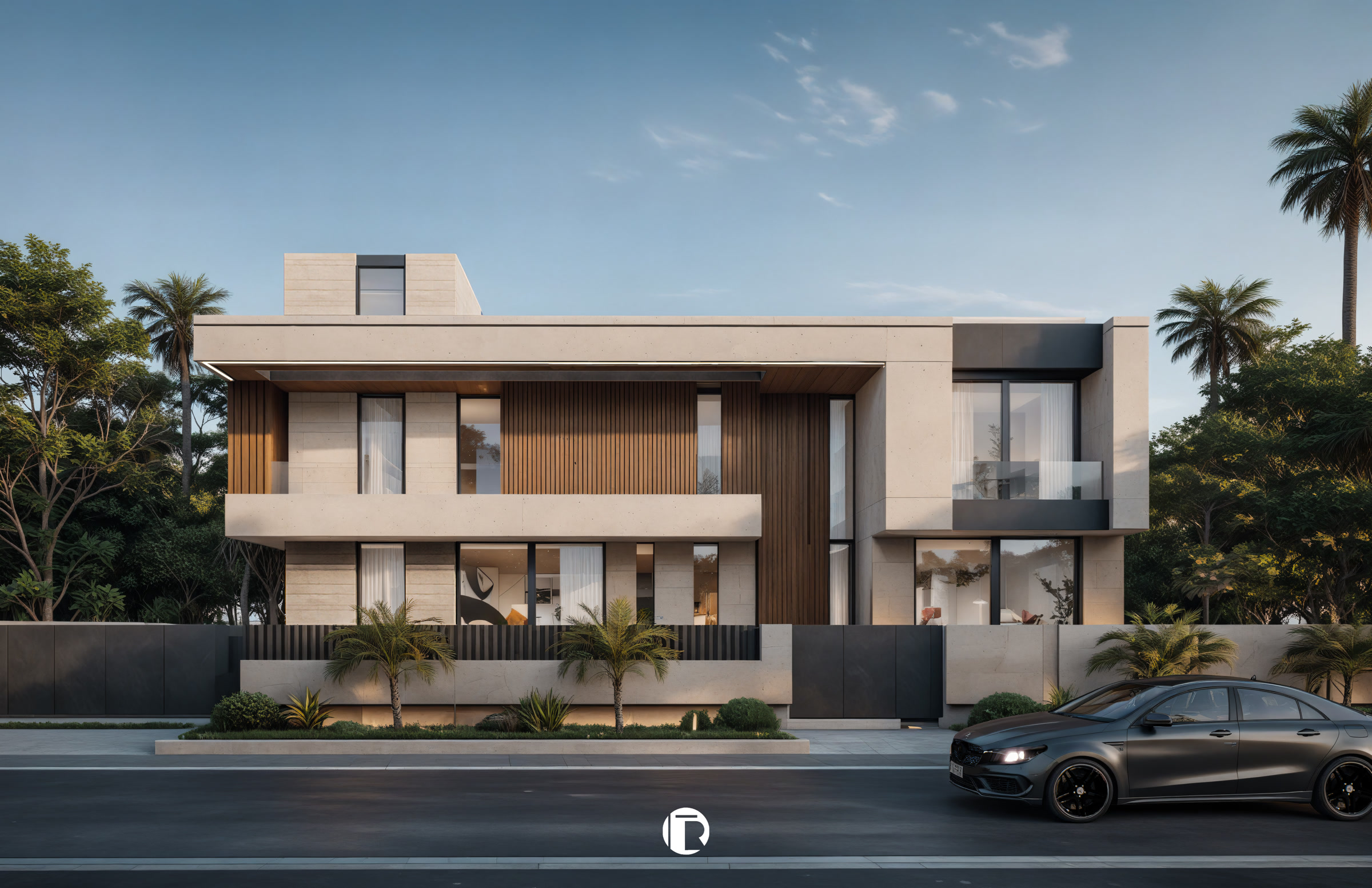 Villa Marrakech Palmiers Targa vue d'angle façade entrée avec portail métallique noir et pierre claire