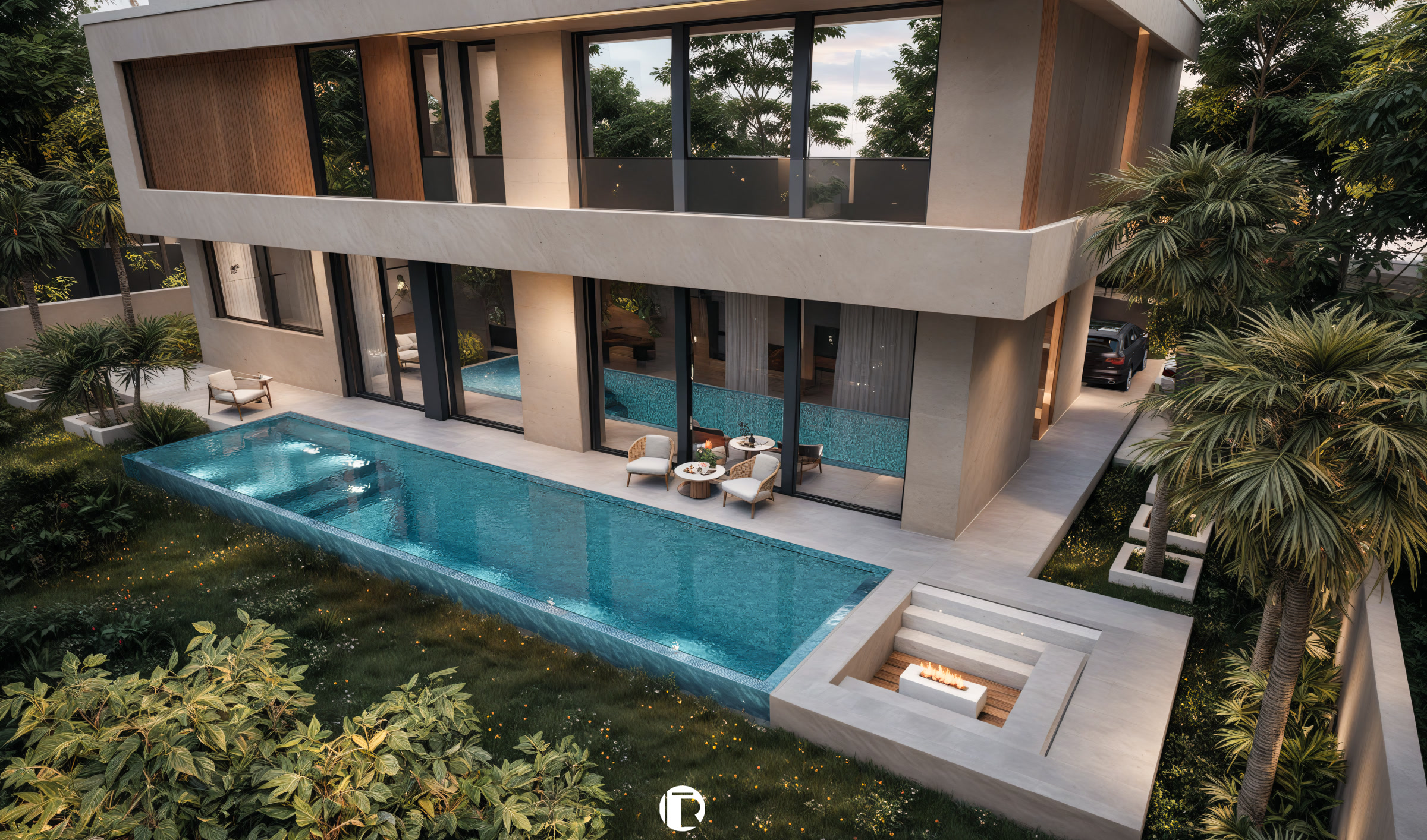 Villa Marrakech Palmiers Targa vue drone piscine à débordement allongée et terrasse côté jardin