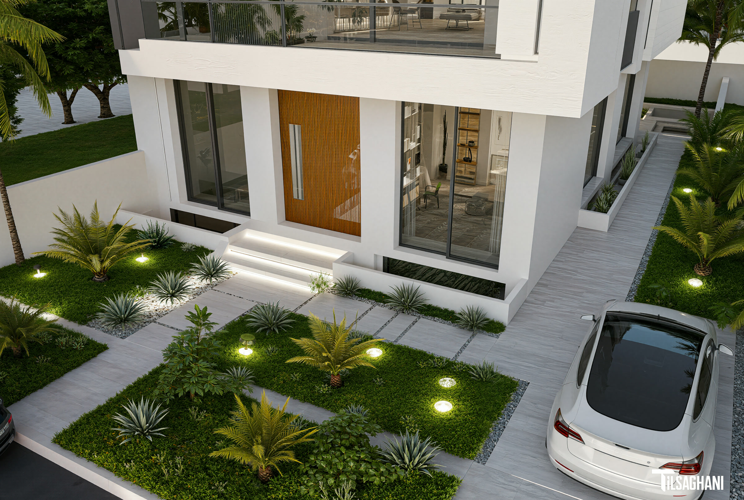 Portes de Marrakech entrée avec porte bois jardin paysagé éclairé et accès parking