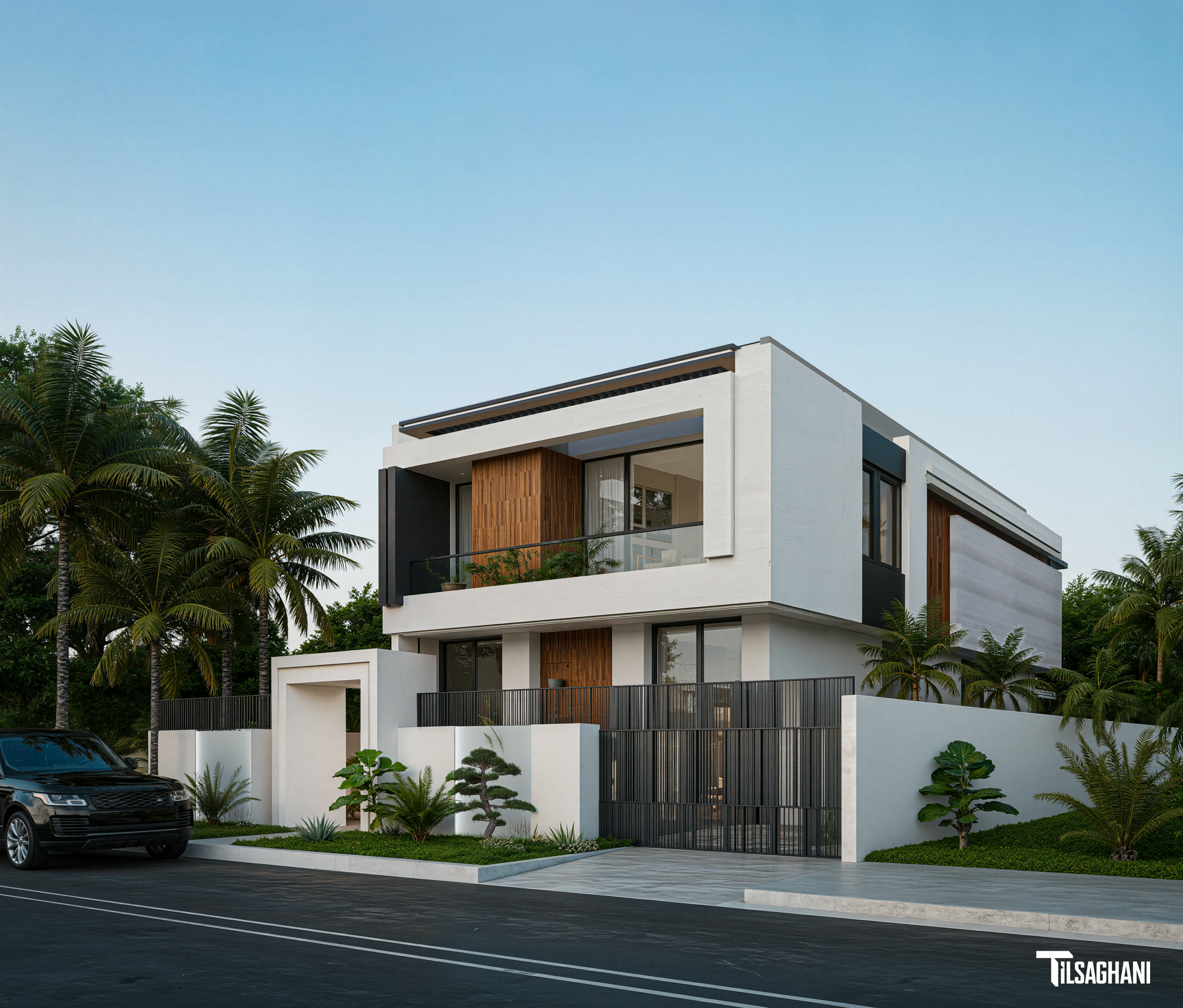 Villa contemporaine Marrakech Portes de Marrakech façade principale enduit blanc et bardage bois vertical avec palmiers