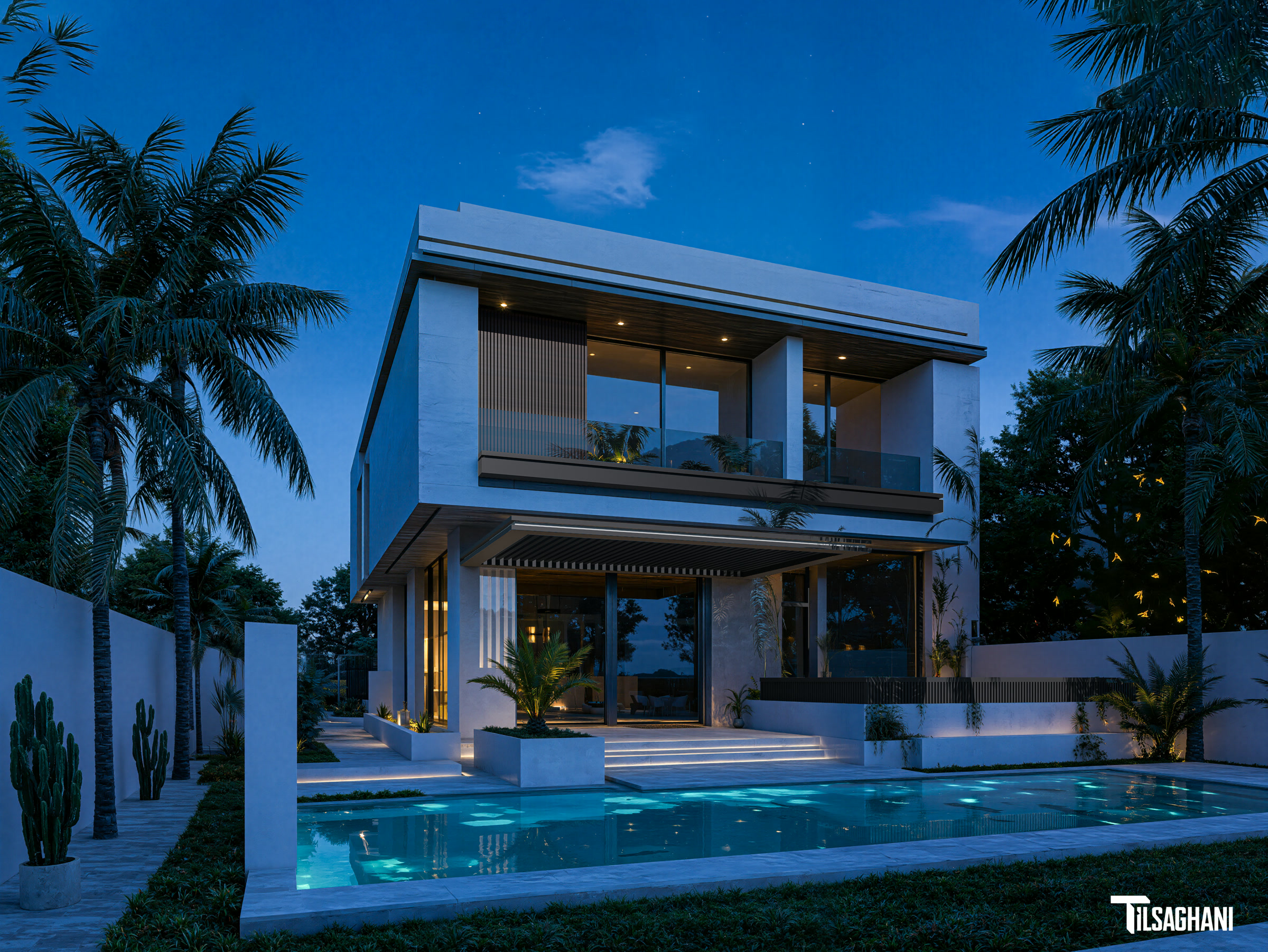 Villa Marrakech Portes de Marrakech façade arrière nuit piscine éclairée baies vitrées illuminées et palmiers