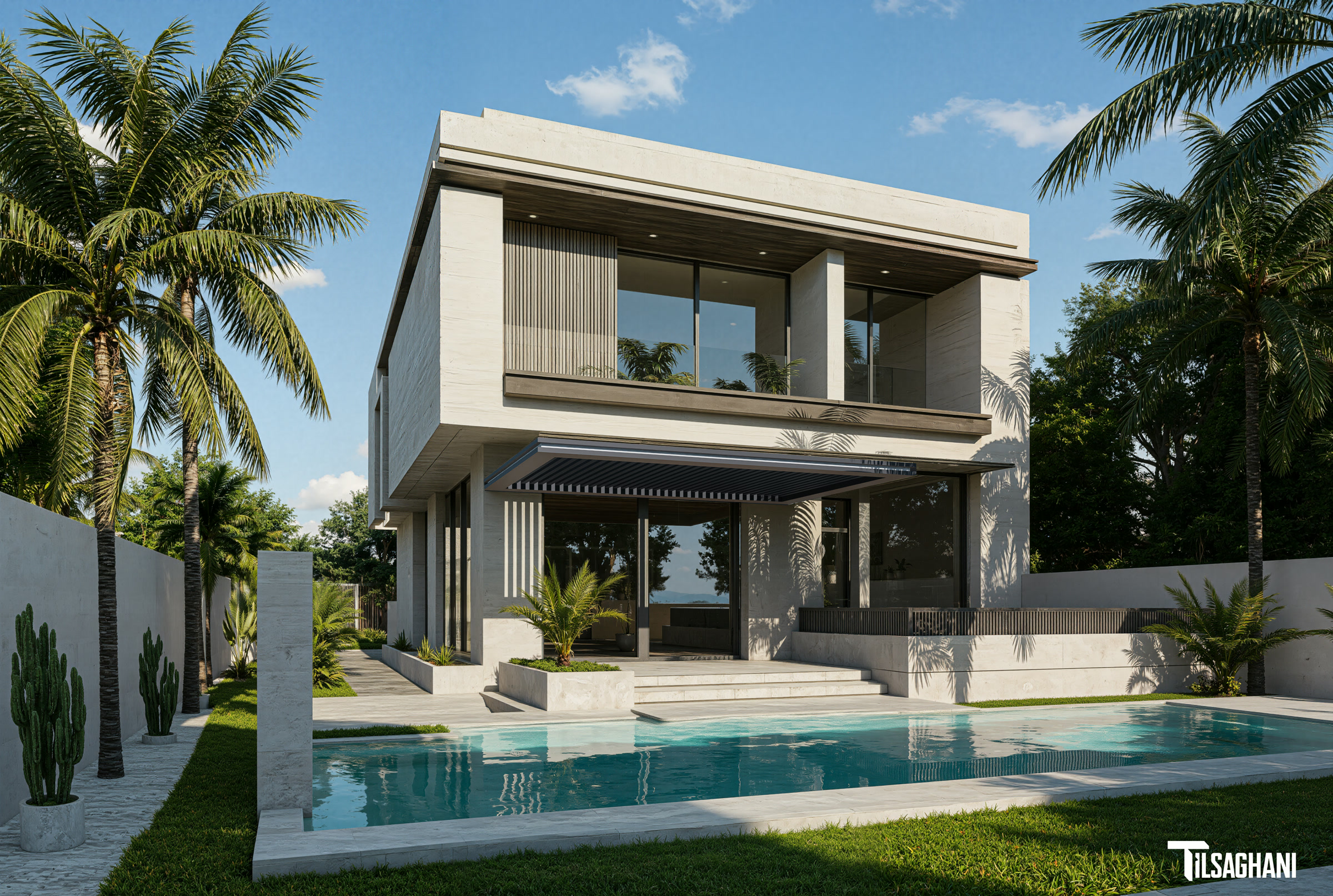 Villa Marrakech Portes de Marrakech façade arrière baies vitrées piscine et pergola côté jardin