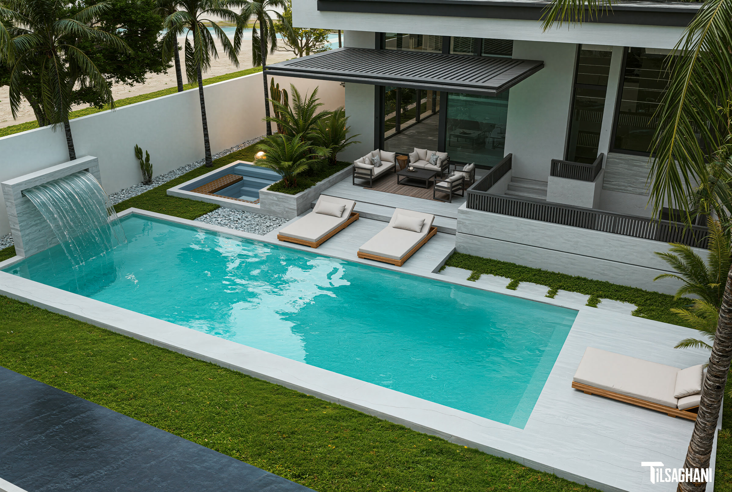 Villa Marrakech Portes de Marrakech grande piscine jacuzzi cascade terrasse et salon outdoor sous pergola