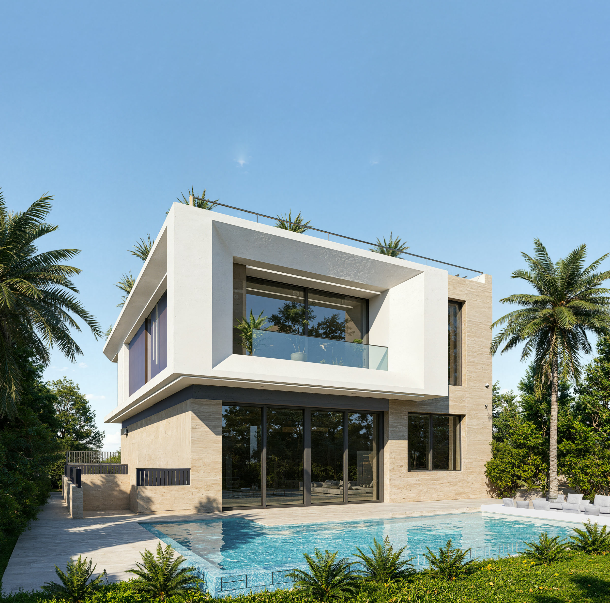 Villa YB façade arrière avec piscine et murs en travertin crème, Akenza Marrakech