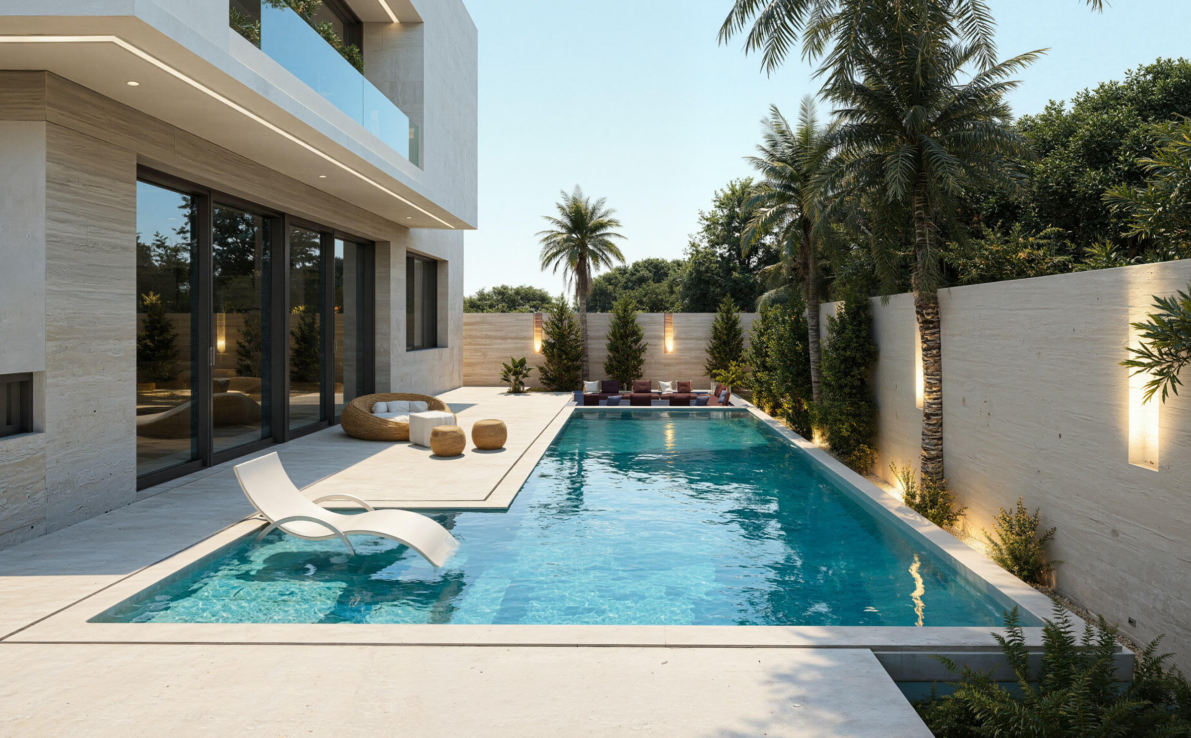 Villa YB piscine longitudinale avec transats et palmiers, murs travertin Akenza Marrakech