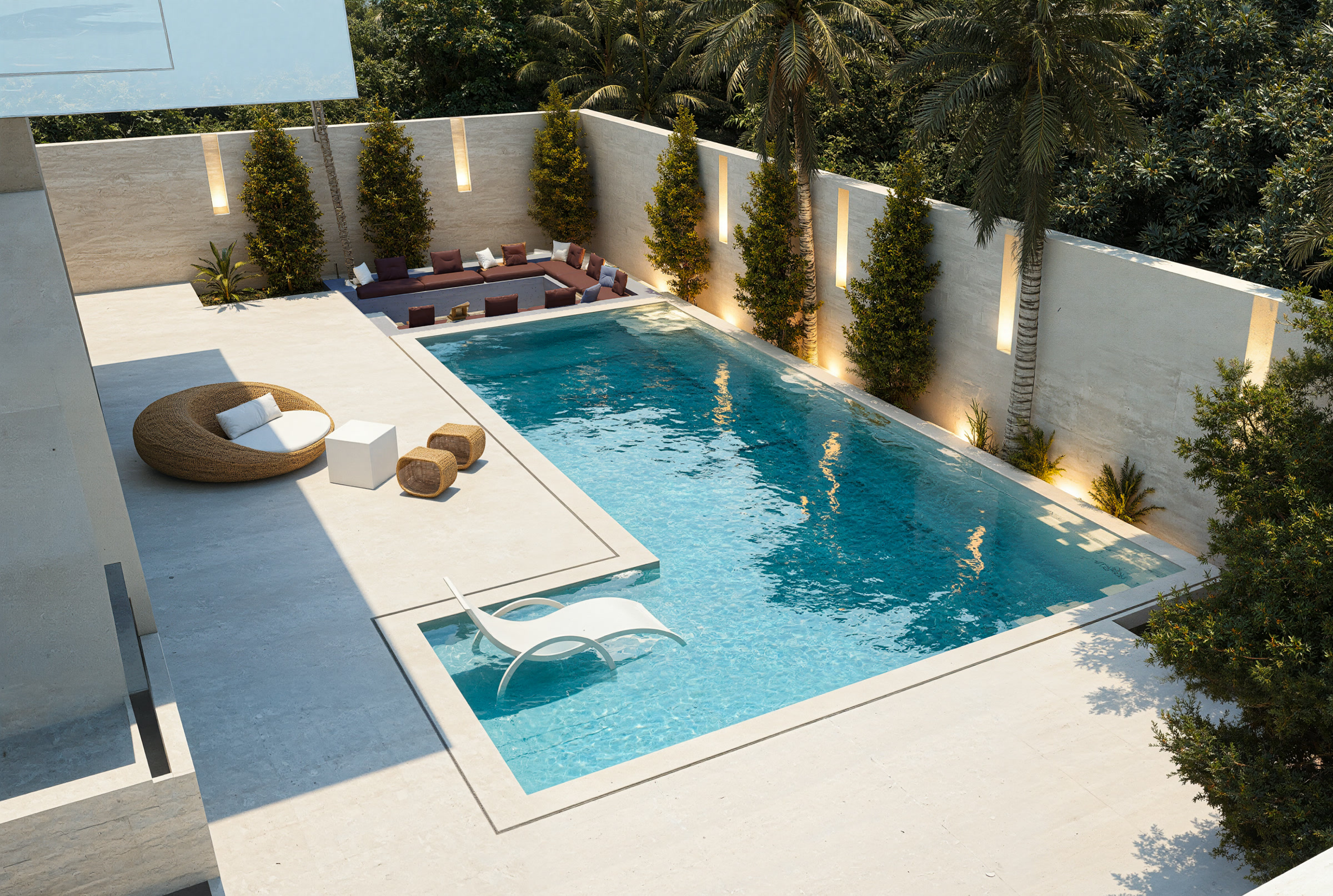 Villa YB vue aérienne piscine et salon extérieur encastré, lotissement Akenza Marrakech